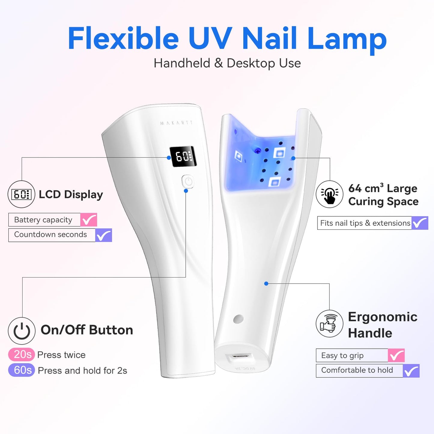 Makartt Flash Cure Nail Lamp, 222 mW/cm² Portable Cordless UV LED Nail Lamp for Rhinestone Glue, Poly Nail Gel & Nail Charms, Rechargeable Mini Nail Dryer with LCD Display, 2 Timers & Smart Sensor