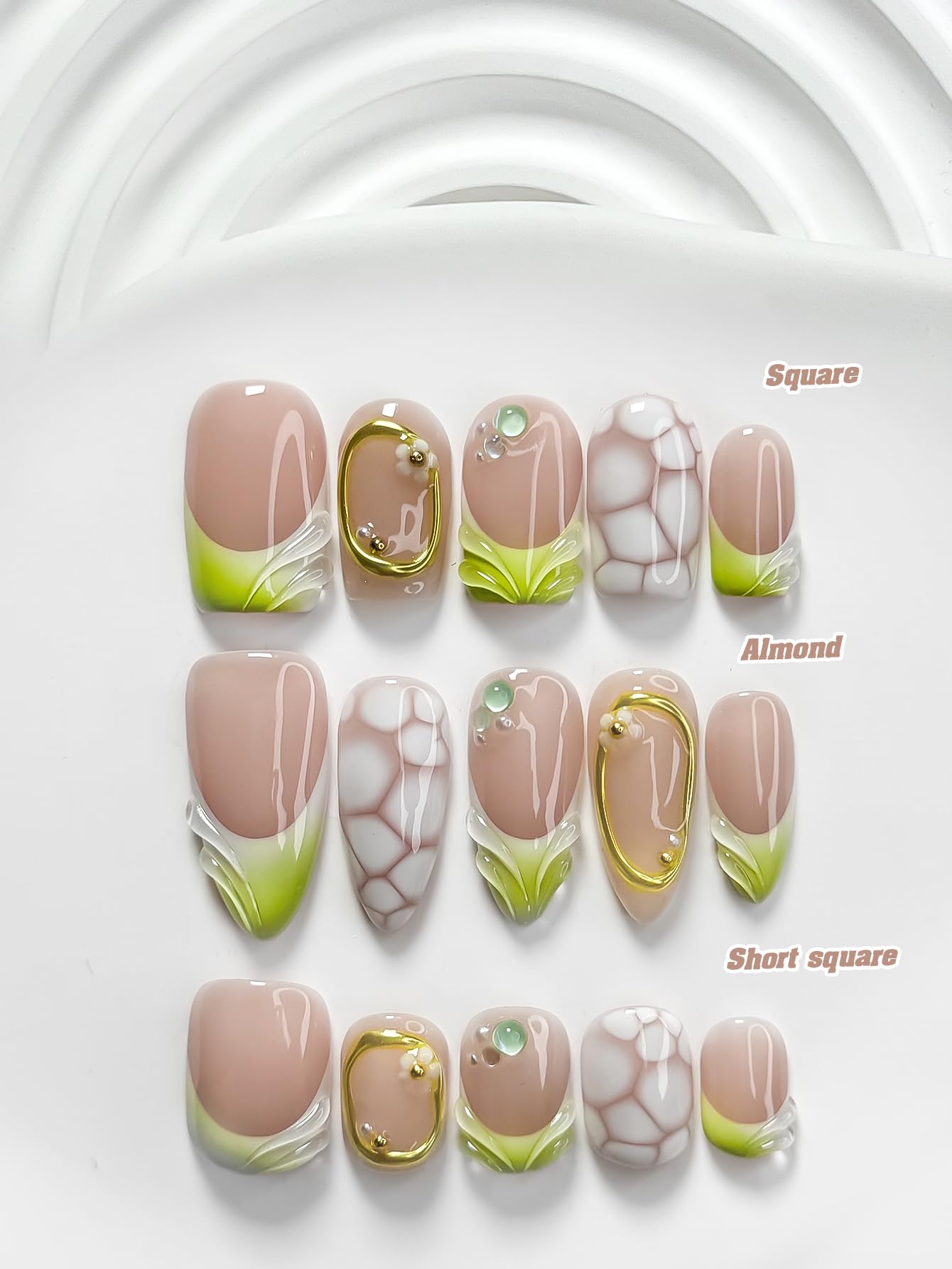 Curatique Handmade Press on Nails - Artificial Acrylic Nails Blue French Tips Stick on Nails 3D Pearl Fake Fingernail Summer False Nails for Women Manicure 10 Pcs (Glass Leaf, M, Short squeare)