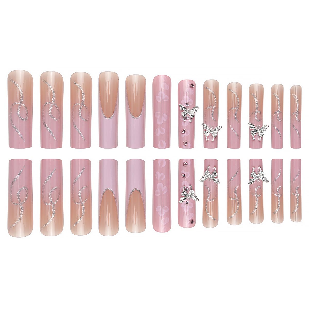 24Pcs Long Square Press on Nails Pink French Tip Fake Nails Silver Rhinestones with Flower Full Cover Tips Glue on Nails Artificial Acrylic False Nails Butterfly Charms Design for Women Manicure DIY