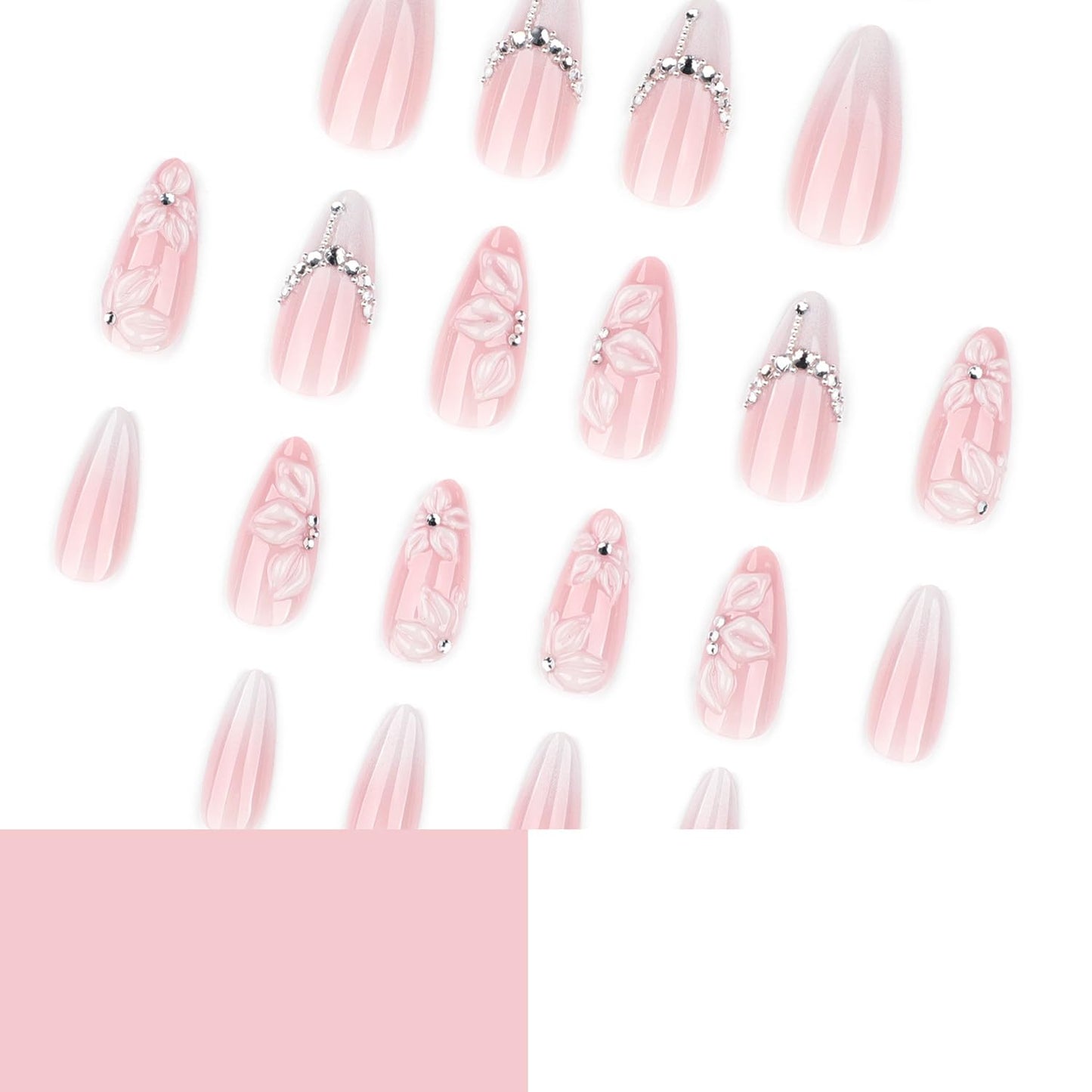 White 3D Flower Press On Nails Medium Almond Fake Nails With Rhinestone Designs Acrylic Nail Press Ons French False Nails Reusable Stick On Nail Glossy Glue On Nail For Women 24Pcs