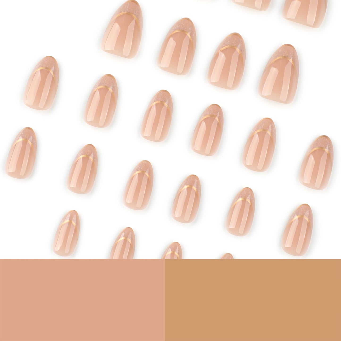 Short Almond Press On Nails – Nude Glitter French Tips with Gold Outline, Glossy Acrylic Fake Nails, Reusable Stick On Nails Kit for Women, Elegant Shimmery Manicure Set