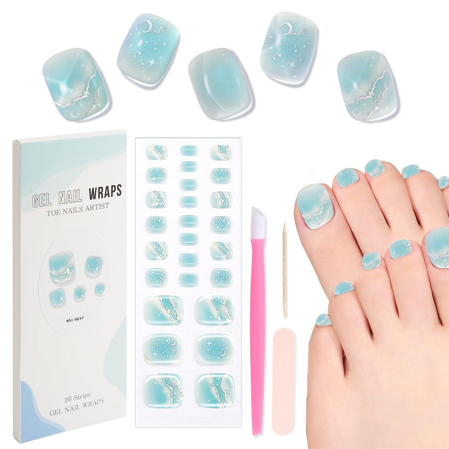 XEAOHESY 26pcs Semi Cured Gel Toe Nail Strips, Pedicure Nail Strips, Toe Nail Stickers, Needs to Be Cured, Come With Nail File, Wood Cuticle Stick, Plastic Press Stick（Cyan+Moon Star）