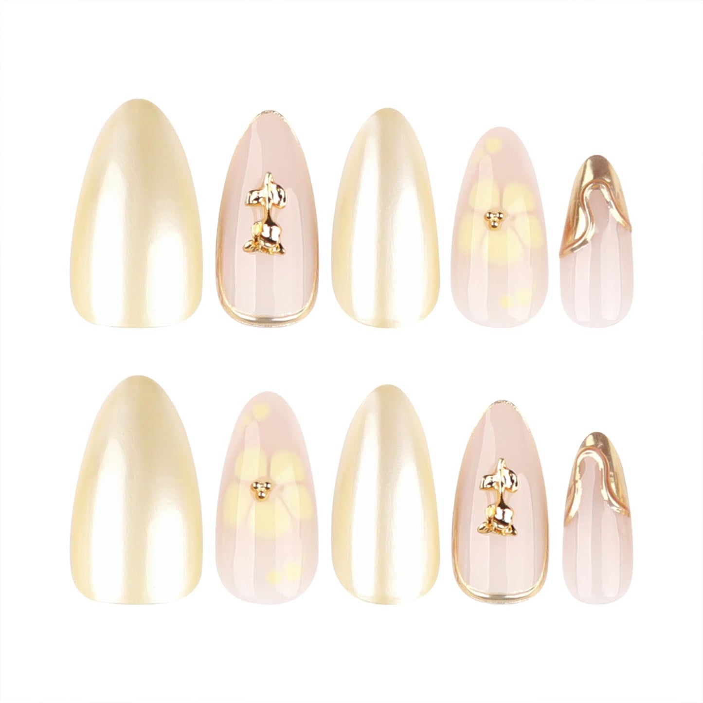 Yellow Flower Press On Nails with Gold 3D Design, Glossy Almond Fake Nails with Metallic Line Art, Elegant Reusable Stick On Nails for Women and Girls, 24PCS Full Cover False Nail Set