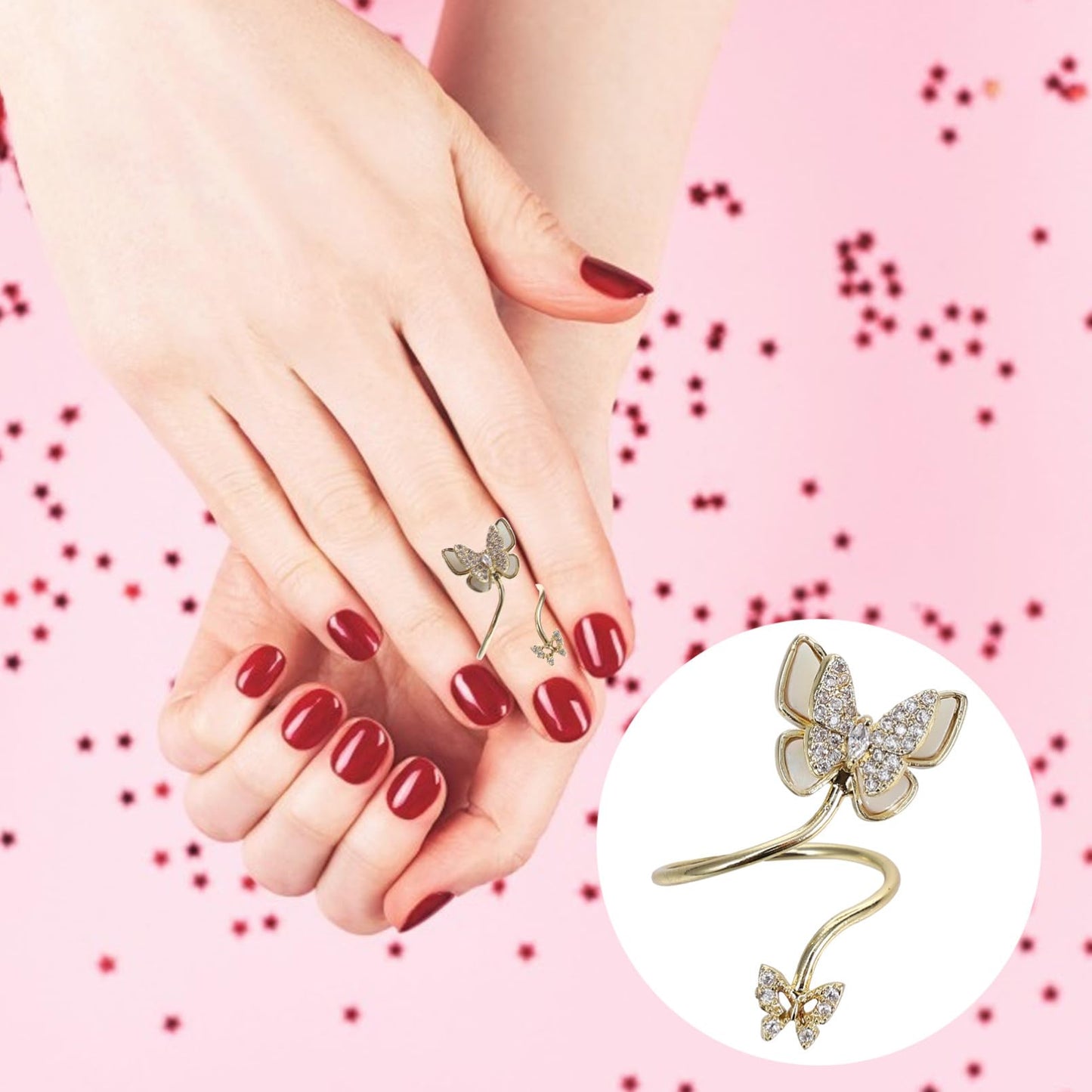 BESTYASH Butterfly Nail Ring for Women Gold Fingernail Jewelry with Pearl Shell Zirconia Accents Decorative Finger Accessory for Nail Art Wedding Prom Festivals