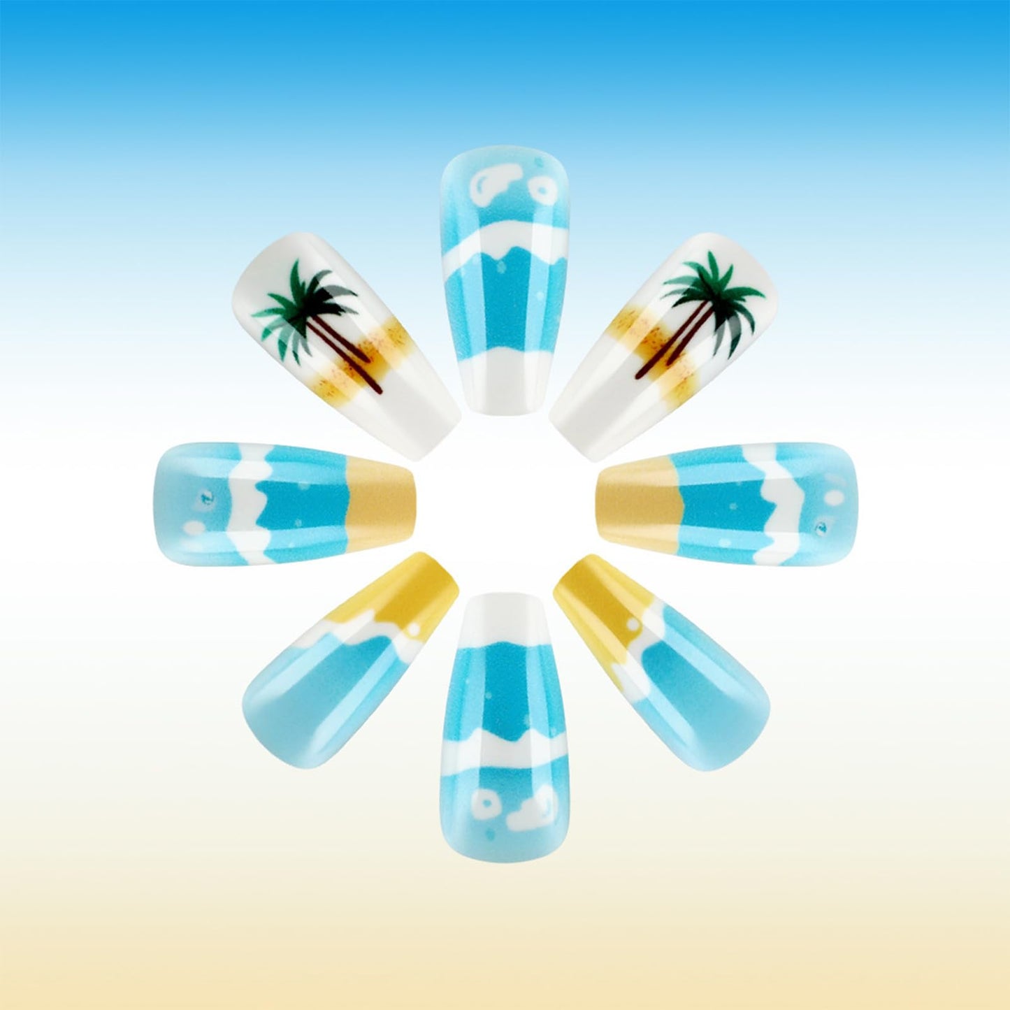 24Pcs Summer Sea Press on Nails Beach Acrylic Medium Coffin Fake Nail Coconut Palm Gel Glue on Nail Glossy White French Tips False Nails Curve Stick on Fingernails for Coquette Women Girls