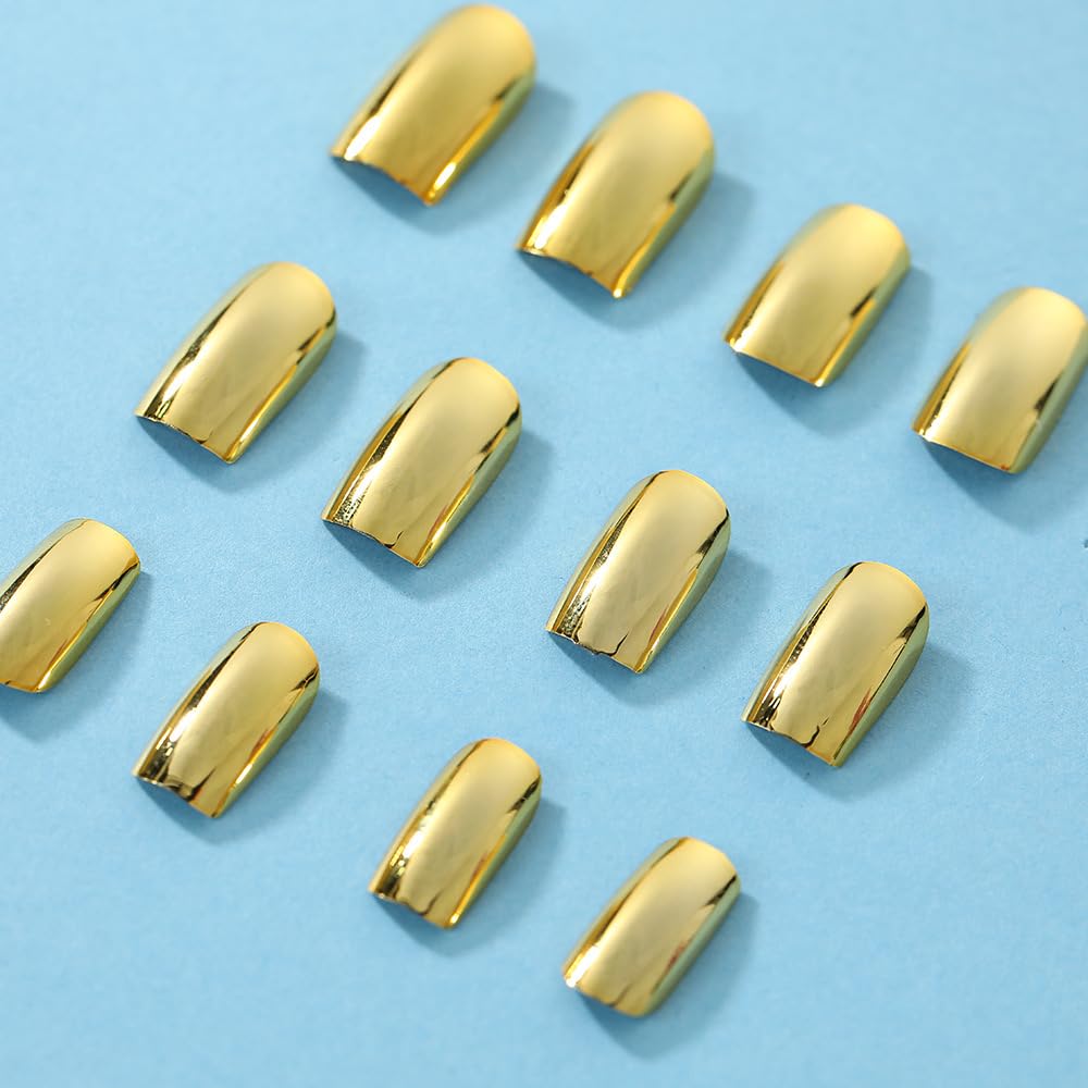 Gold Press on Nails Short - Square Fake Nails with Solid Color Design - Chrome Full Cover Stick on False Nails - for Women 24 Pcs