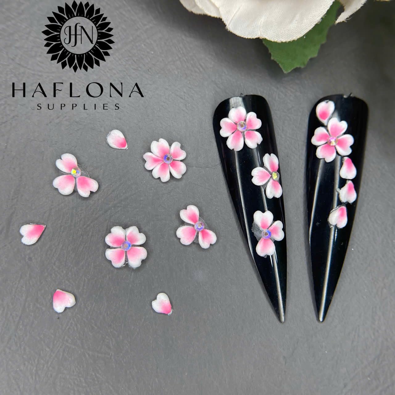 Set White Pink 3D Flowers for Nails, Handmade 3D Acrylic Flowers for Valentine Nails, Wedding Flower Nail Charms Rhinestones Gems by Acrylic Powder Design Deco Nail Art Women Girls (Pink Heart)