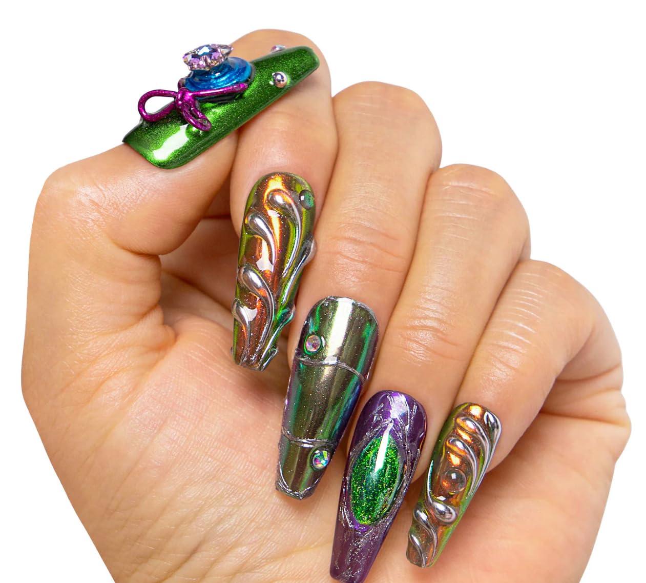 LOVFUL Reusable Press on Nails | Chrome Couture Stellar Muse | Salon Quality Sustainable Style Handmade with Full Covered Crystals | Coffin Classic Regular 1.3 in | H463-M