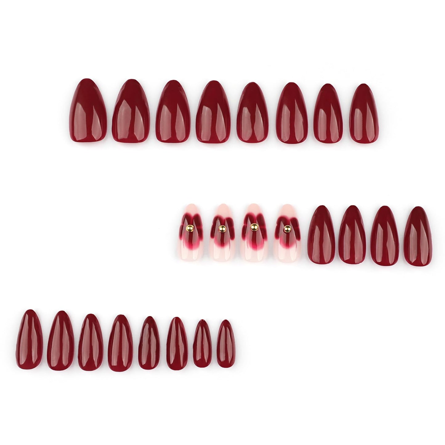 24Pcs Dark Red Almond Press on Nails Short Medium Fake Nails with Floral Steel Ball Design Reusable Almond False Nail Red Flower Nails Press ons Artificial Spring Summer Flower Nails for Women