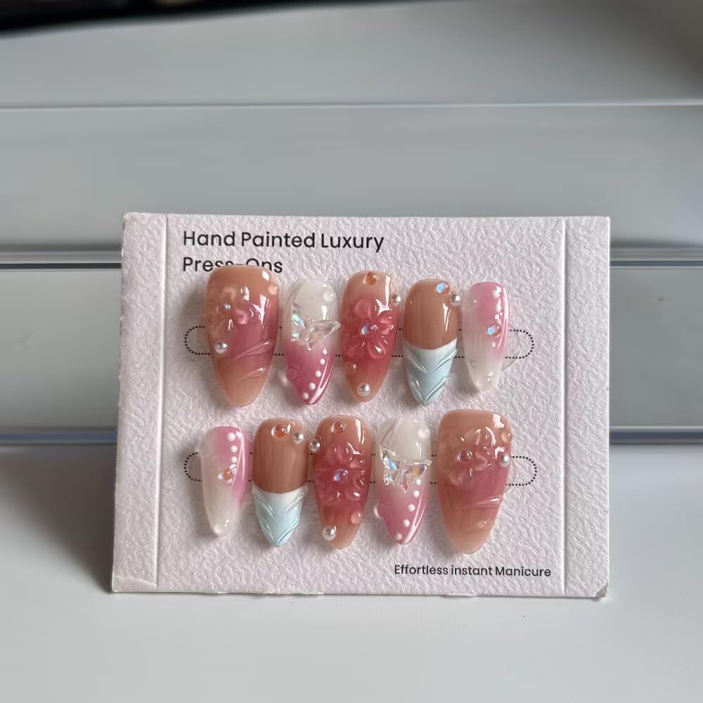Handmade Press on Nails Medium Almond Fake Nails Blue French Tip with 3D Pearl Design Stick on Nails Pink Artificial Nail Full Cover Glue on Nails for Women DIY 10 Pcs (Size S）