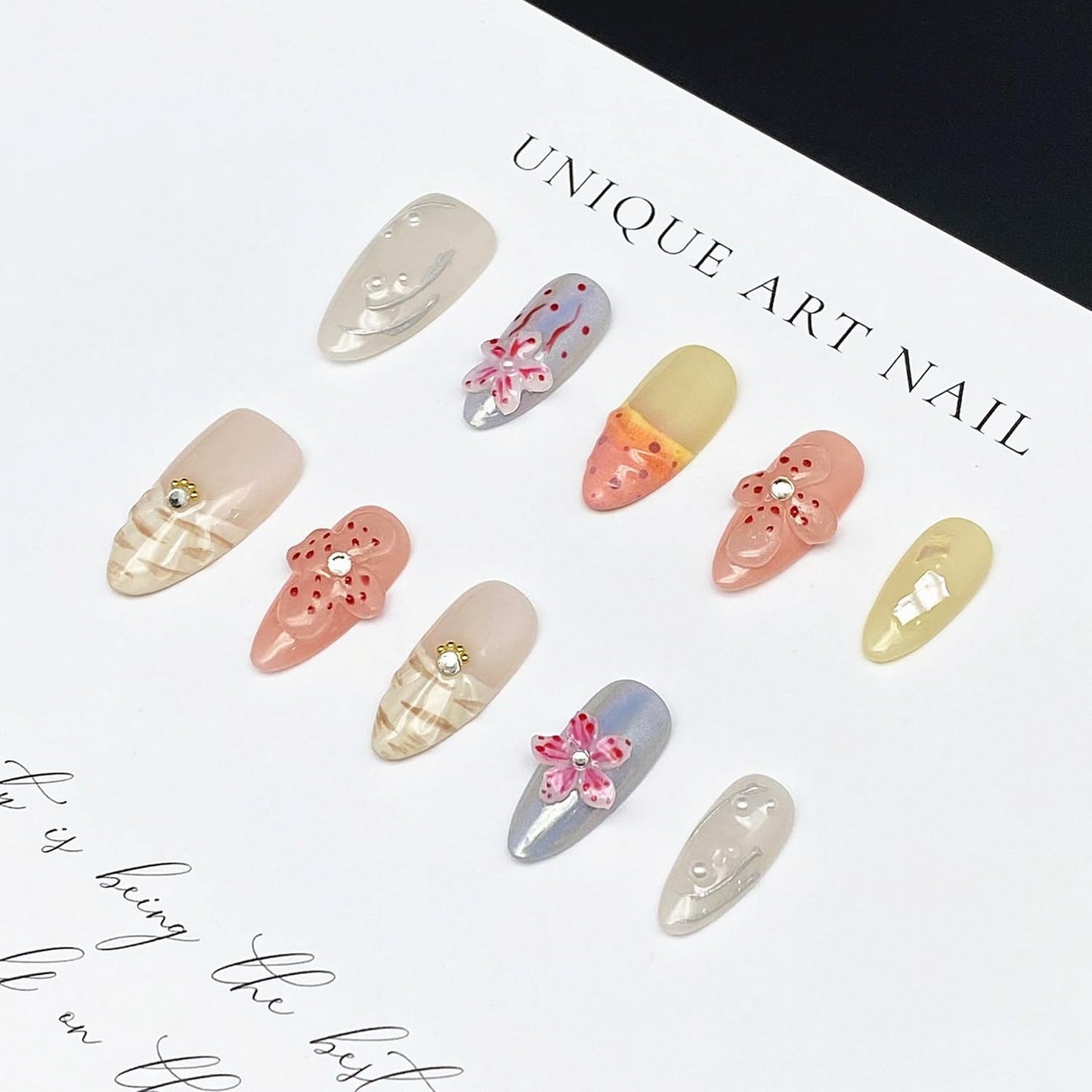 Handmade Press on Nails Medium Almond 3D Flower Fake Nails Unique False Nails with Designs Rhinestones Pearls Glossy Glue on Reusable Thick Acrylic Nails 10Pcs (S)