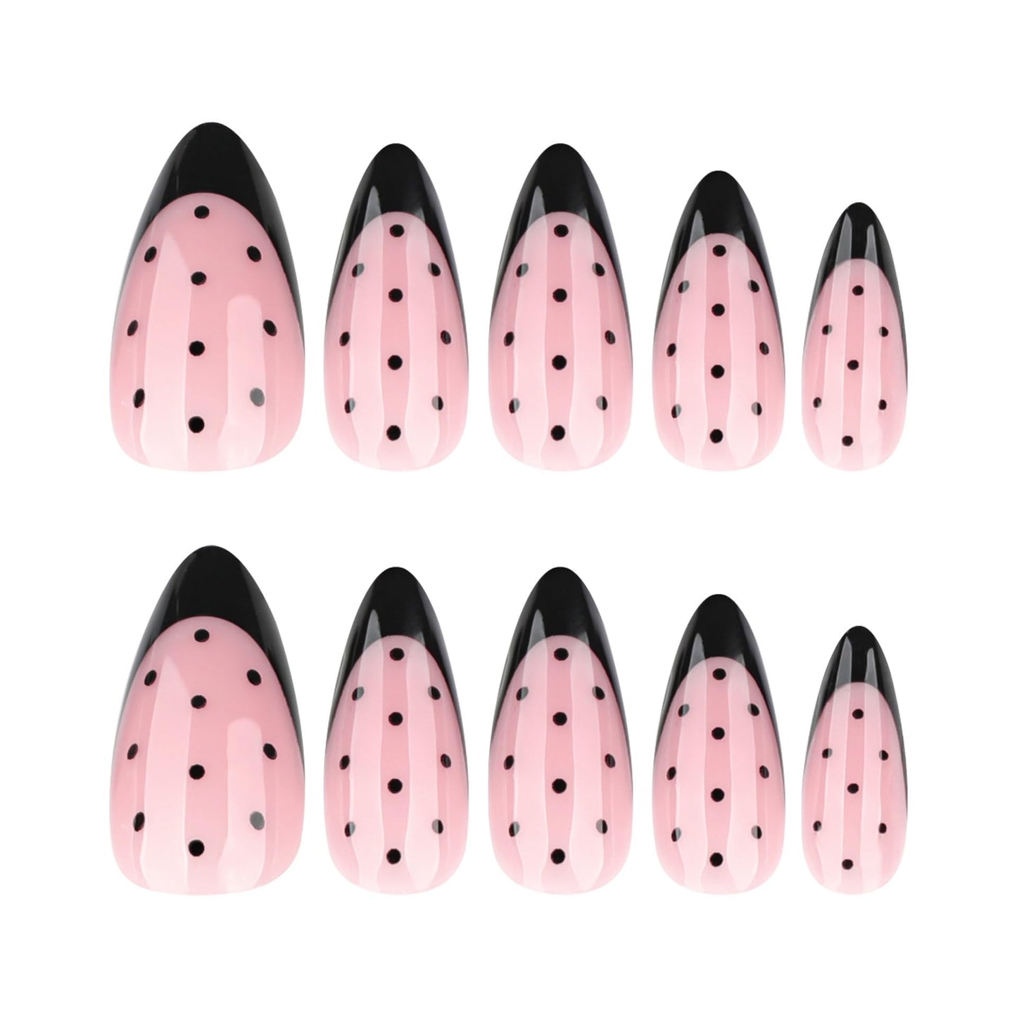 Black French Tip Press on Nails Almond - Medium Fake Nails with Spot Design - Glossy Full Cover Stick on False Nails - for Women 24 Pcs