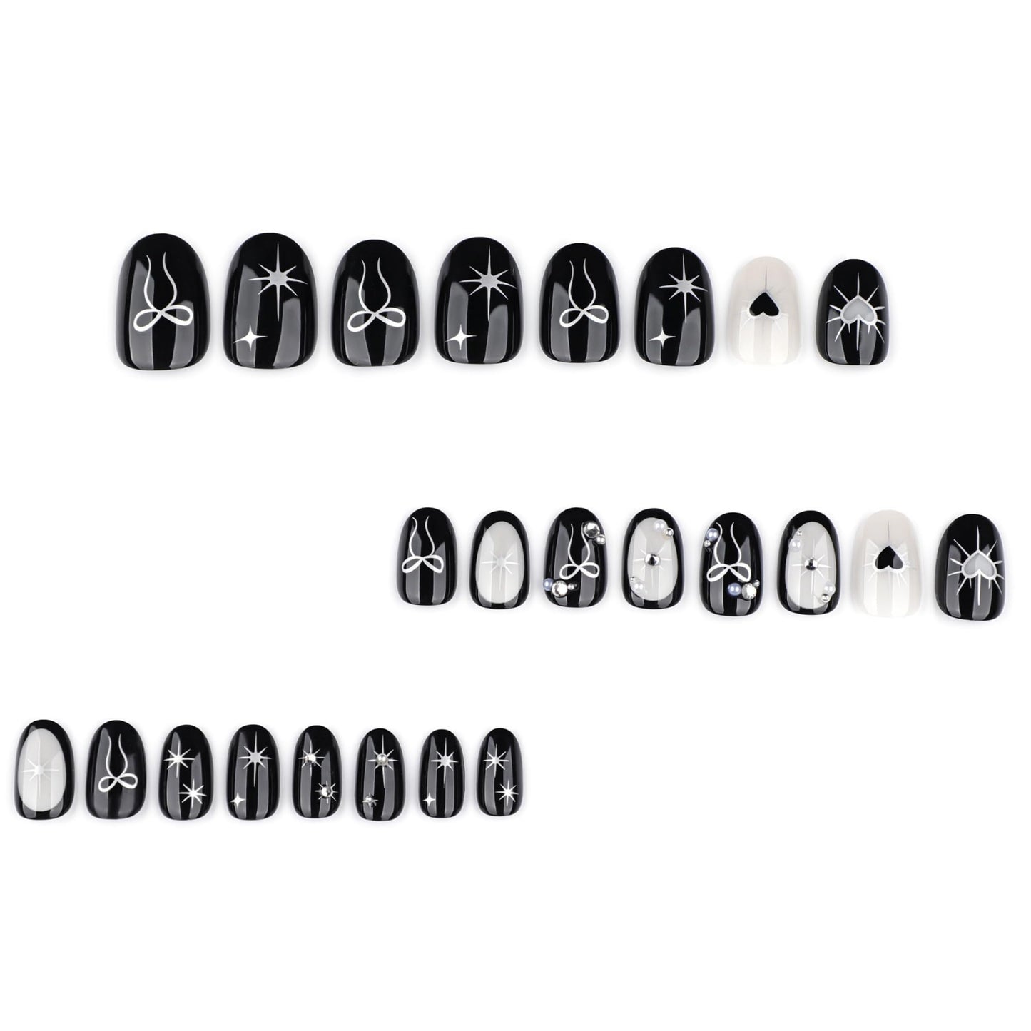 octoswave Press on Nails Short Almond Fake Nails Black Artificial Nail Bow and Pearl Charm Stick on Nail for Women 24pcs