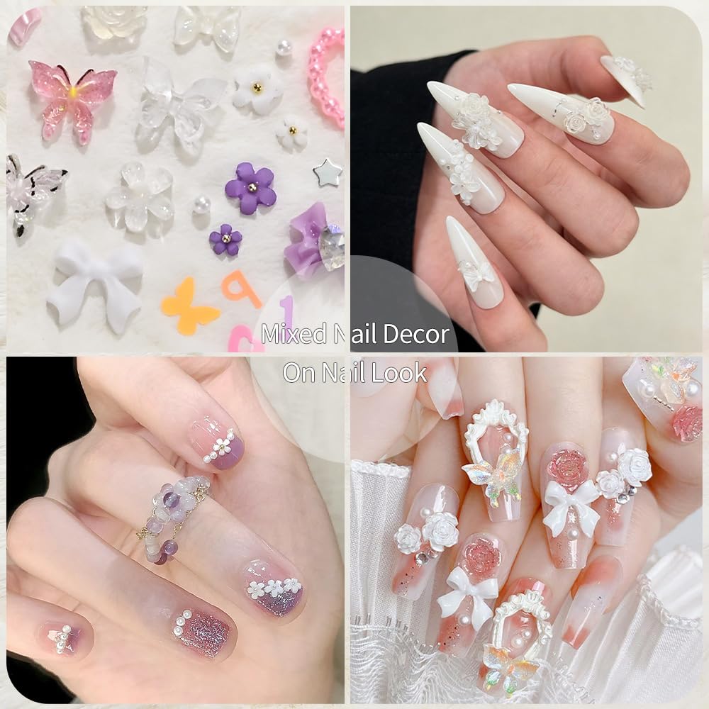 Chunmeng 3D Flat Back Nail Curse Set, Y2K Style, with Metal Butterfly, Peach Heart, Flower, Bow, and Heart Shaped - DIY Nail Decoration and Jewelry Making Mixed Nail Art Gemstone