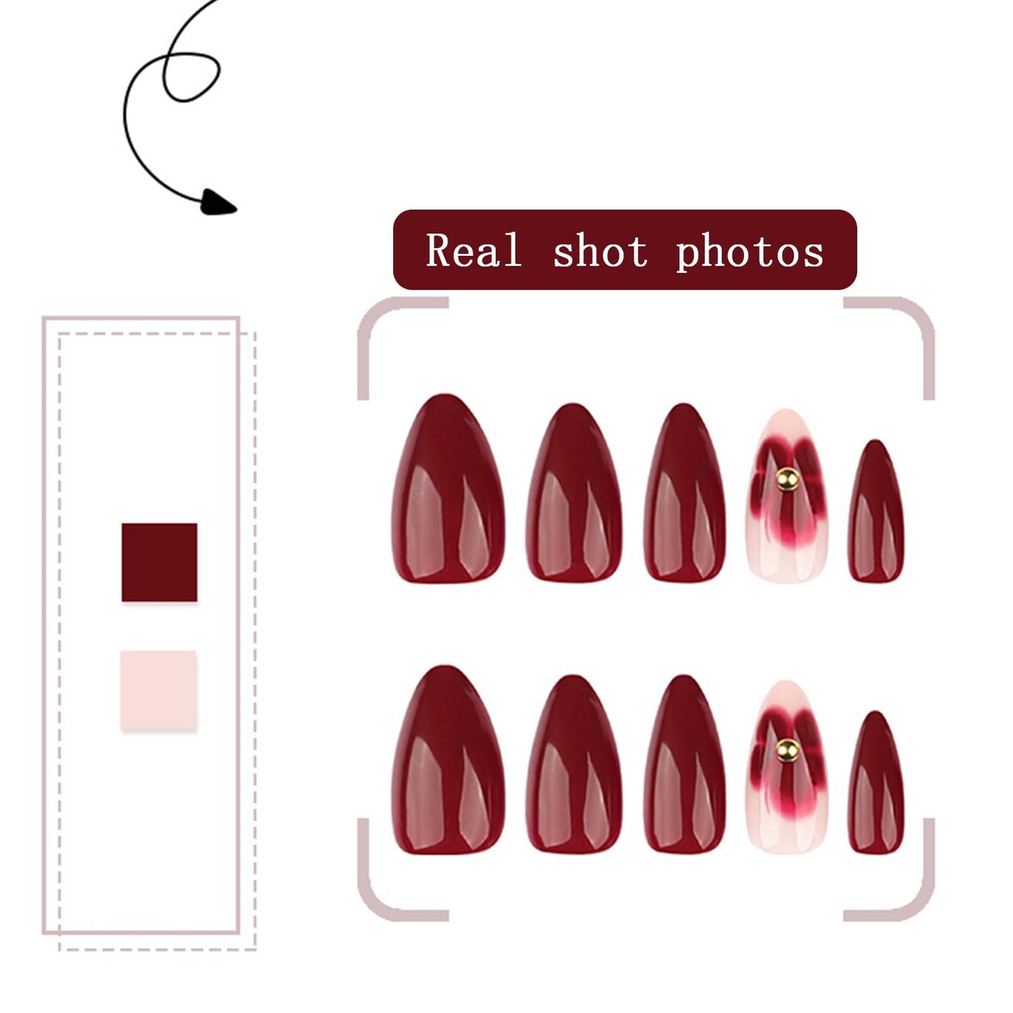 24Pcs Dark Red Press on Nails Medium Almond Fake Nails Floral with Golden Pearls Design Reusable False Nails Kit Red Five-Petal Flower Full Cover Artificial Stick on Nails for Women Girls Manicure