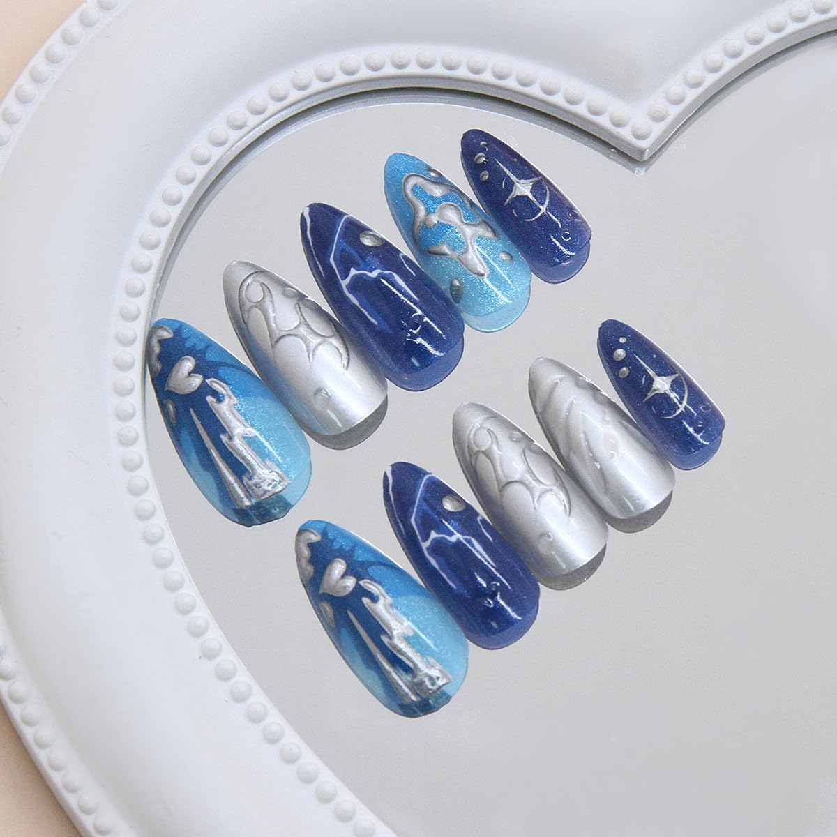 Mkwntg 24Pcs Rippling Starry Sky Press on Nails 3D lines Deep Sea Fake Nails Blue Full Cover Acrylic False Nails Silver Chrome Ombre Glossy Glue on Nails Gothic Y2K Stick on Nails for Women Manicure