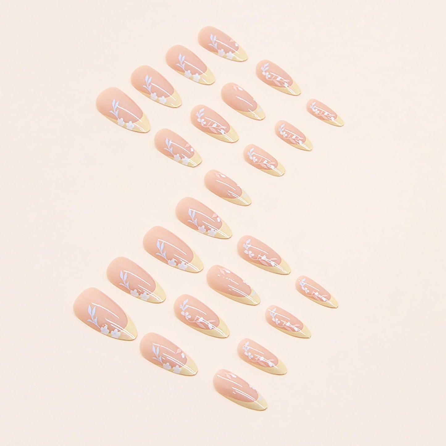 Medium Almond Press on Nails With Designs Yellow French Tip Pink Flower Fake Nails Press ons Acrylic False Glossy Artificial Full Cover Stick on Nails for Women Girls 24 Pcs