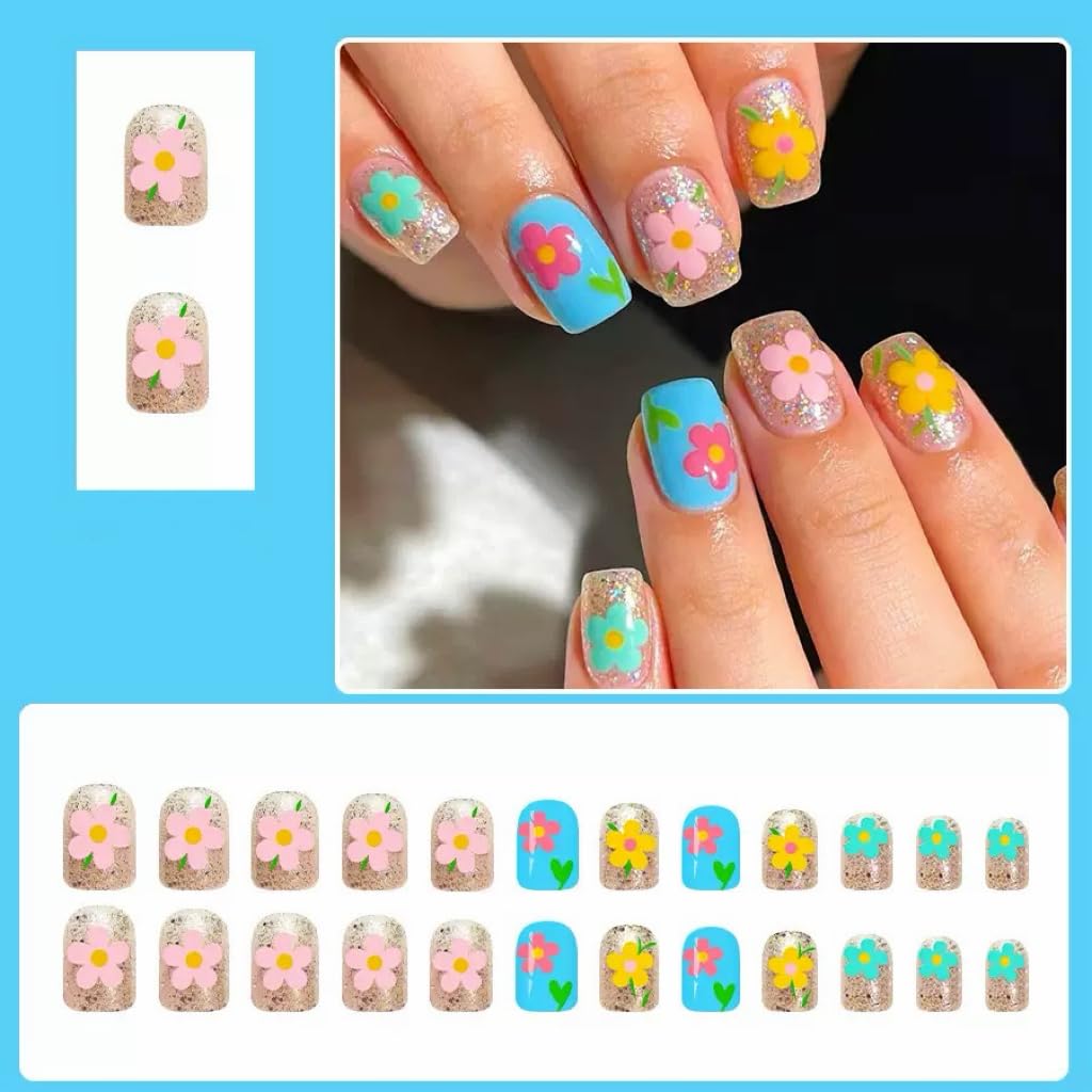 CTTHNBD Short Press on Nails - Square Fake Nails with Colorful Flower Design - Glossy Glitter Full Cover Stick on Nails for Women - 24 Pcs