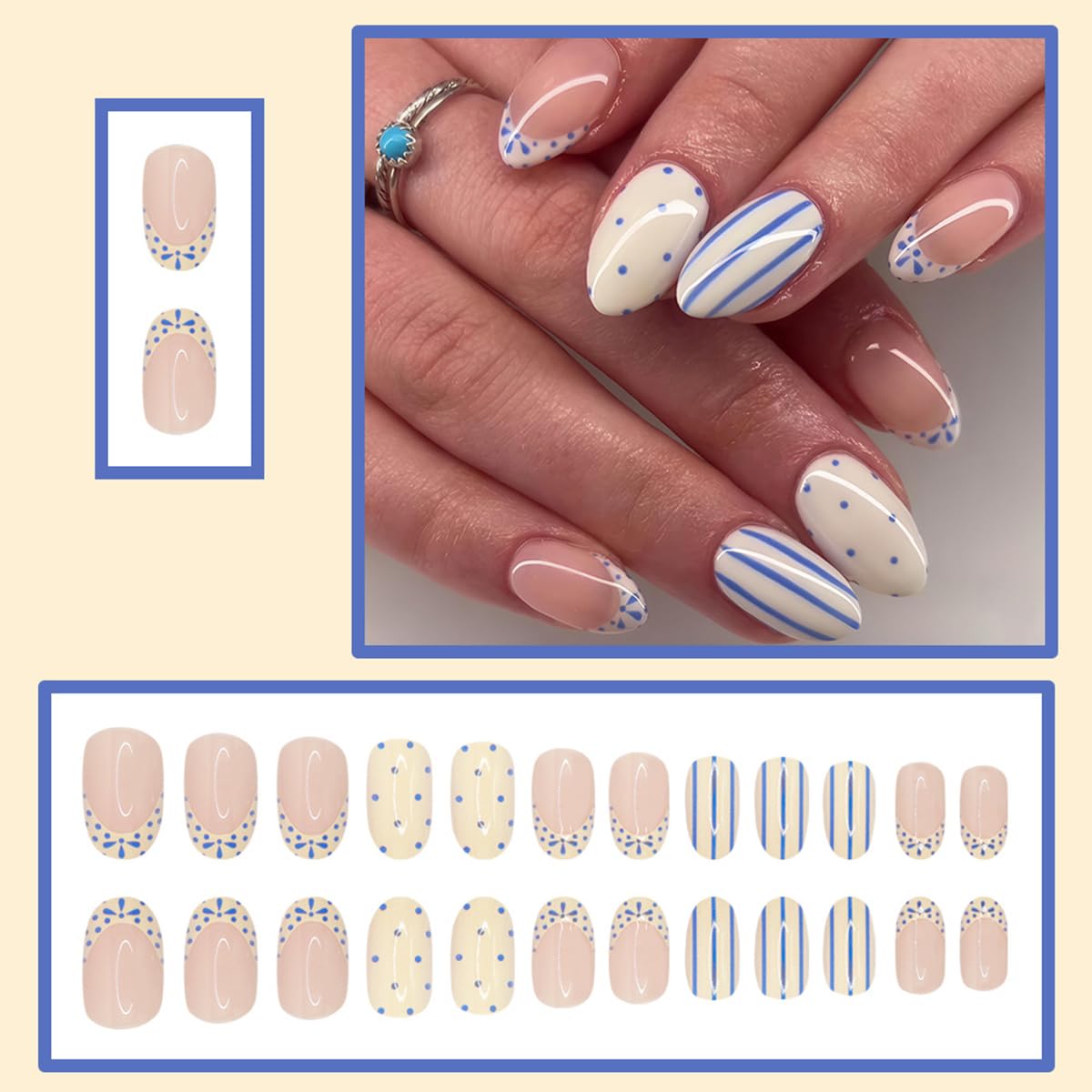 24 Pcs Blue French Tip Press on Nails Short Oval WLGDLH Summer Fake Nails, Creamy White False Nails Press ons with Striped Polka Dots Design, Nude Base Glue on Nails for Women Manicure, Glossy Finish