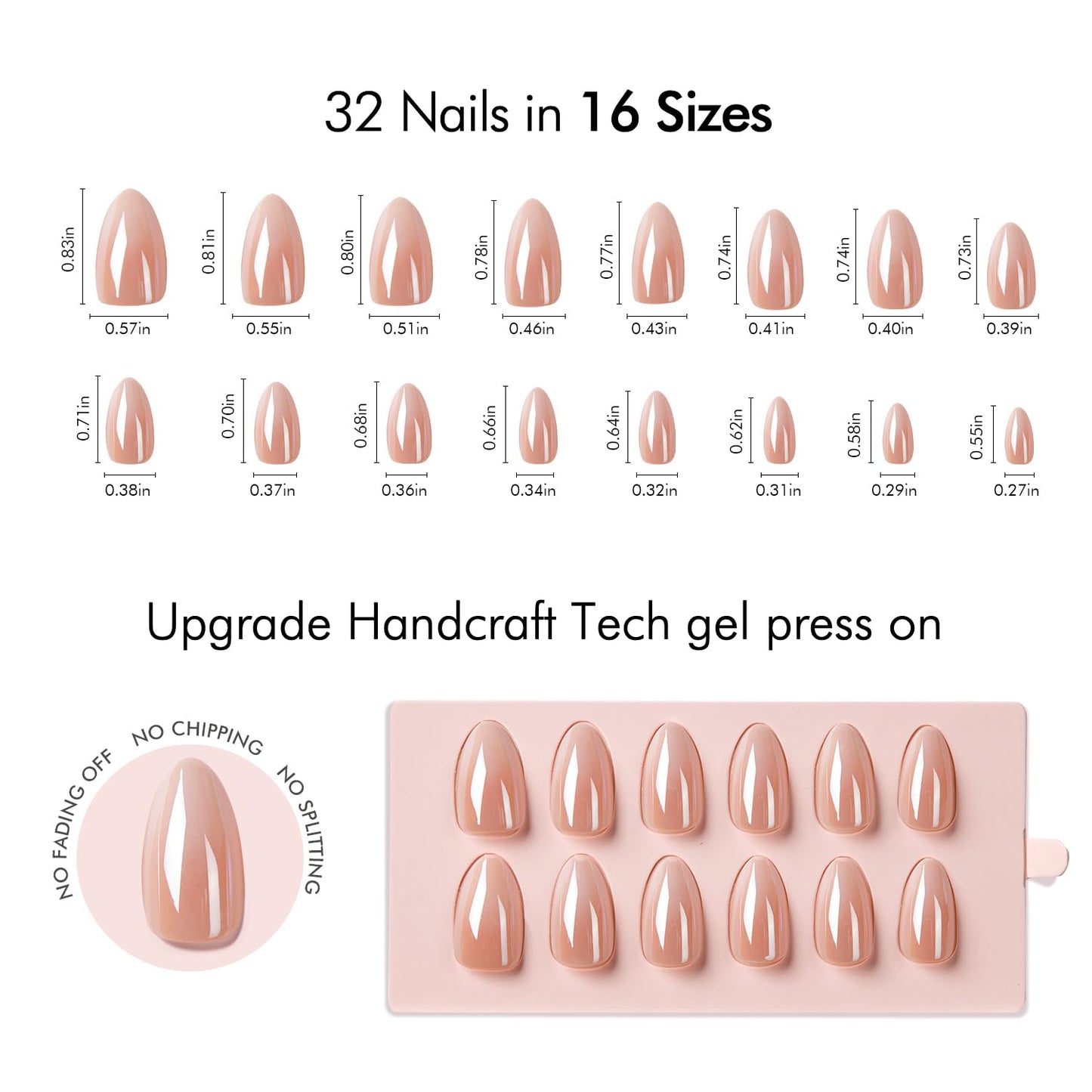 VSALON Short Almond Press on Nails - Chrome Nude Ombre Fake Nails Kit for Women - Reusable Opaque Glazed Salon Quality Glue on Nails Spring Summer Nails 32 PCS in 16 Sizes