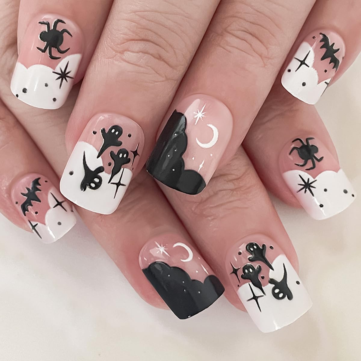 6 Packs (144 Pcs) Halloween Press on Nails Short Square Fake Nails with Designs Pumpkin Ghost Spider Glue on Nails Full Cover Glossy Acrylic Stick on Nail for Women Girls Manicure