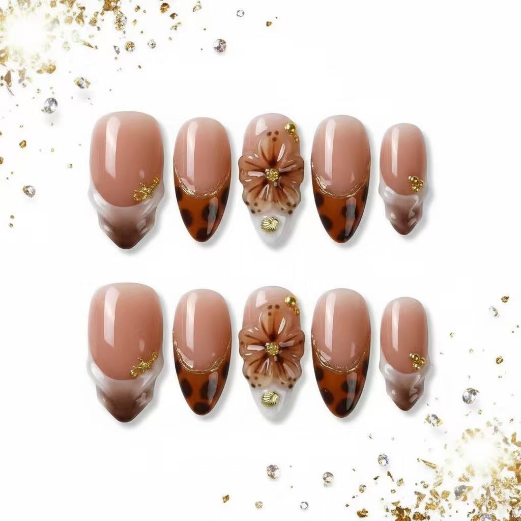 MikaJayboo Handmade Press on Nails Almond Nude Base with Brown French Tip Leopard Print Fake Nails with 3D Flower & Gold Beads for Women Glue on Nails for Daily & Party Wear 10Pcs (Size M)
