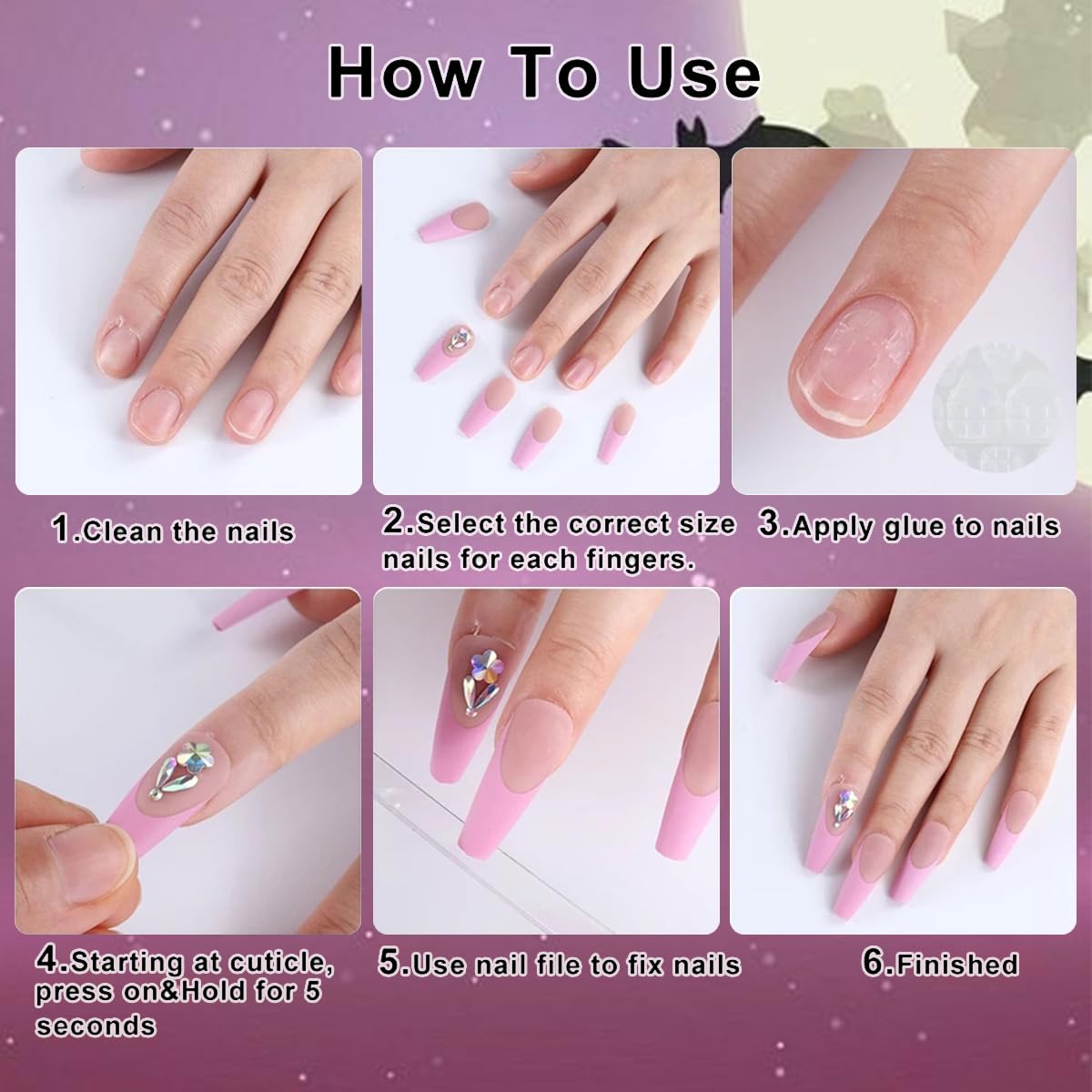 30Pcs Halloween Press on Nails Medium Almond French Tip Fake Nails with Black Ghost Bat Spider Web Design Glossy False Nails Full Cover Artificial Glue on Nails Pink Heart Stick on Nail for Women DIY