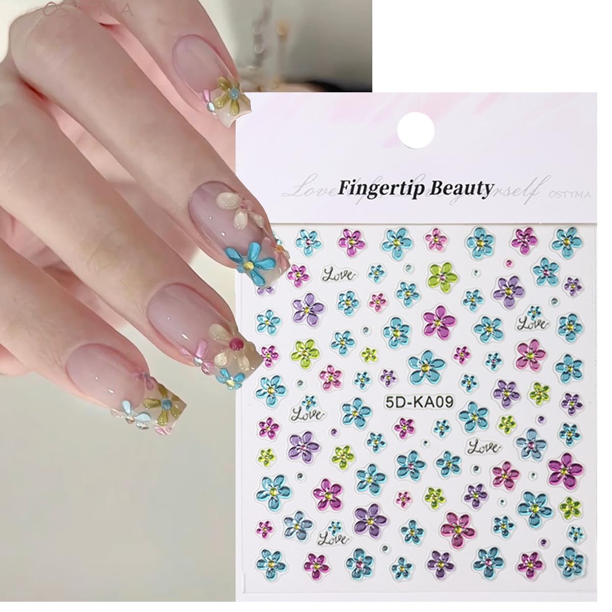 3Pcs Flower Nail Art Stickers 5D Embossed Summer Nail Decals Blue Green Pink Petal Flowers Designs Soft Gel Nails Sticker Spring Floral Self Adhesive Nail Art Supplies DIY Acrylic Nails Accessories