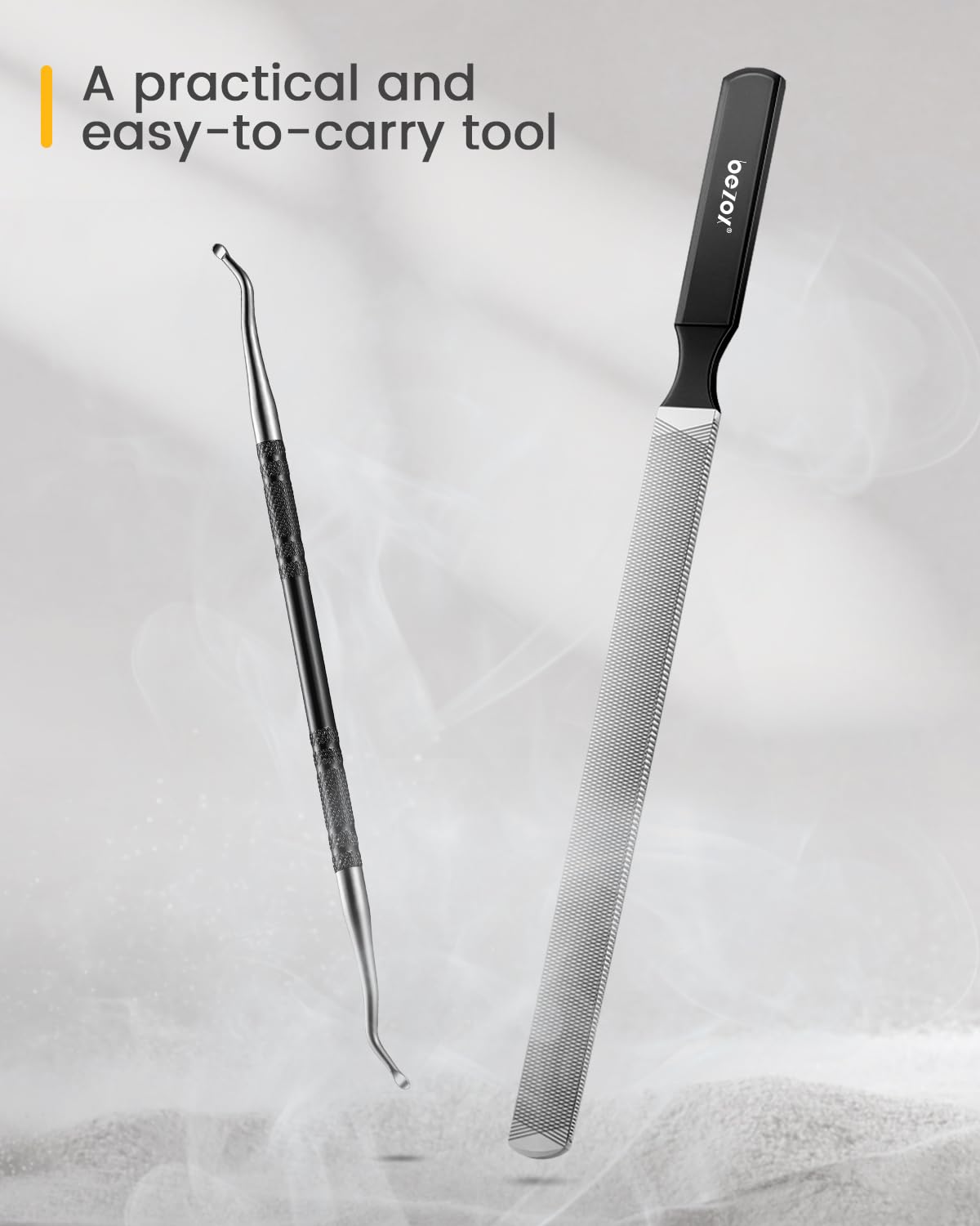 BEZOX Long Metal Nail File, Stainless Steel Fingernail File for Thick and Fungal Nails with Dual-Ended Toenail Lifter – The Ultimate Manicure & Pedicure Tool for Men and Women’s Nail Care - Black