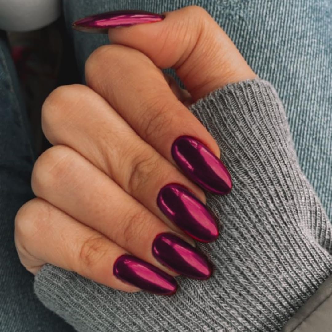 KQueenest Chrome Press on Nails Medium Round Mirror Metal Acrylic Fake Nails Press ons with Bling Design Glitter Almond Glue on Nails Glazed False Nails for Daily Party Wear in 24 PCS, Fuchsia