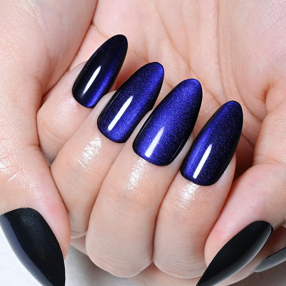 evpct Royal Blue Cat Eye Chrome Press on Nails Almond Medium No Glue, Holographic Medium Almond Stick on Fake Nails for Women, Glossy Cat Eye Effect, Perfectly Fit Salon-quality Soft False Nail
