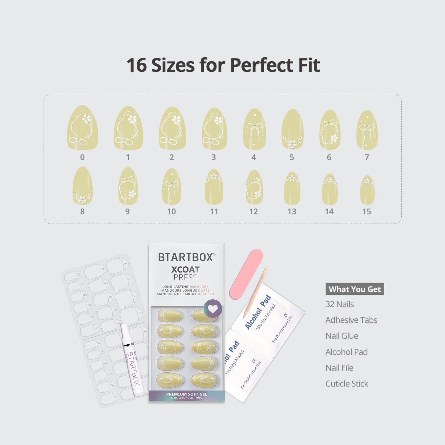 BTArtbox Press On Nails Short - Garden Trellis, Lamp-Curable 4-Week Wear 3D Bow Yellow Almond Press On Nails with Glue and Adhesive Tabs, Easy-to-Apply in 16 Sizes - 32 Nails All-in-One Kit