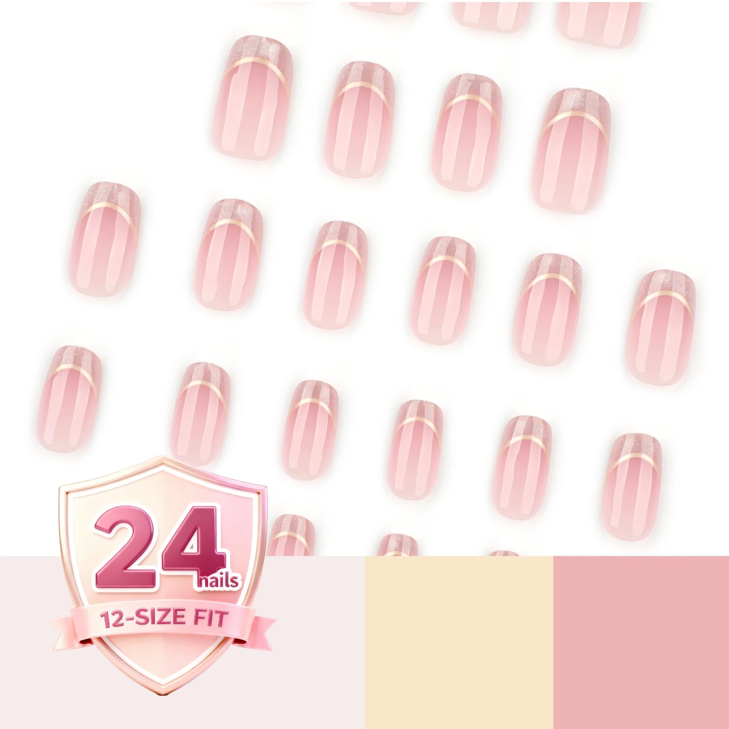 Taoyisent Elegant Pink Glitter French Tip Press-On Nails with Gold Accent, Square Shape False Nails, Salon-Quality Nail Kit for Women, 24Pcs