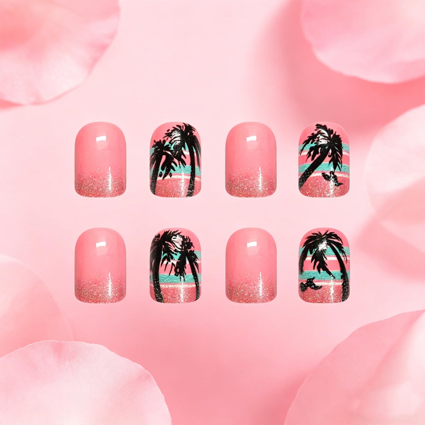 Coconut Tree Press on Nails with Gold Glitter Design Glossy Pink Fake Nail Short Square False Nails Summer Stick on Nail for Women Daily Wear Ocean Glue on Artificial Fingernails