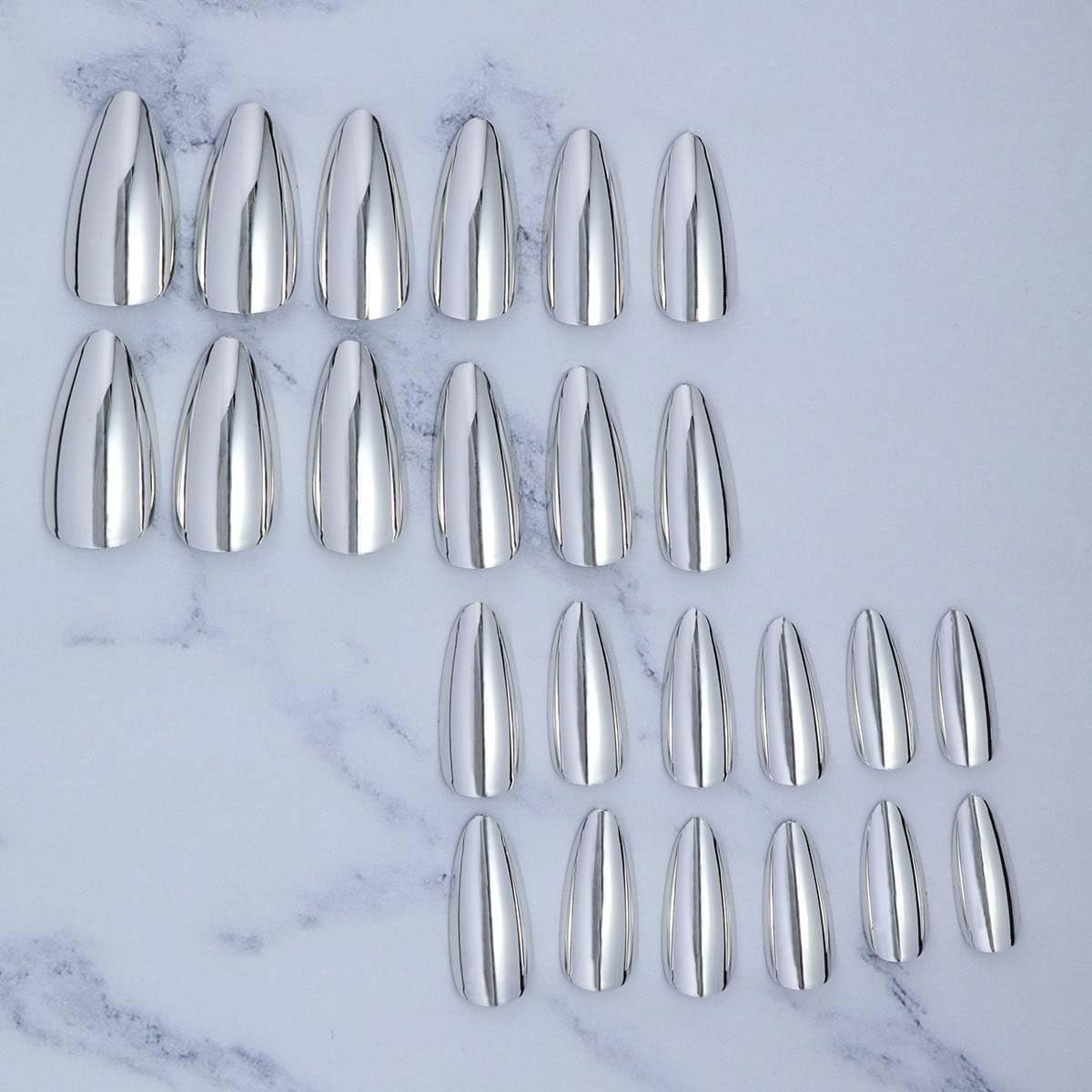 Silver Electroplated Press on Nails SHIQIXIANNV Almond Fake Nails Metallic Mirror False Nail Design Silver Chrome Glossy Acrylic Nails for Women Girl DIY Manicure Decoration 24Pcs