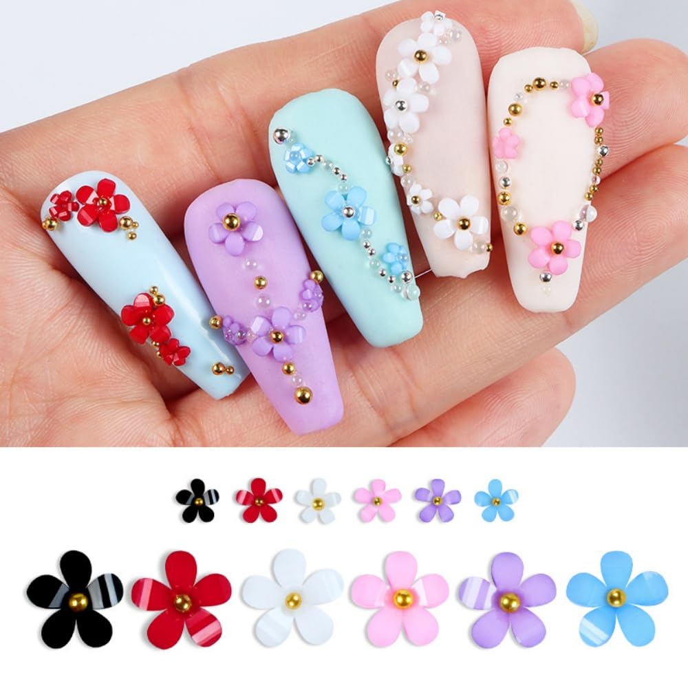 1 Box 6 Color Holographic Flower Nail Glitter Colorful Petal Nail Sequins 3D Red Purple Nail Flakes Sparkly Powder Flakes Shiny Nail Glitter Gold Beads Nail Sequins Glitter for Nails Art 6 Grids