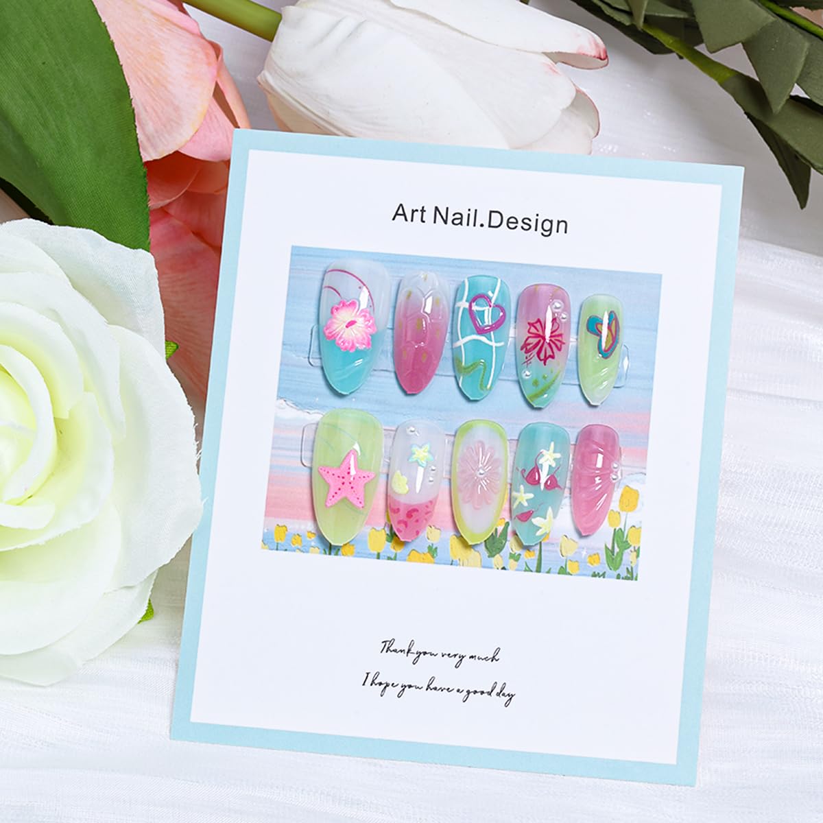30Pcs Cute Press on Nails Medium Almond Fake Nails Summer Press ons 3D Pearl Flower Glue on Nails Beach Starfish False Nails Lemon Butterfly Heart French Tip Nails Handmade Acrylic Nails Set for Women