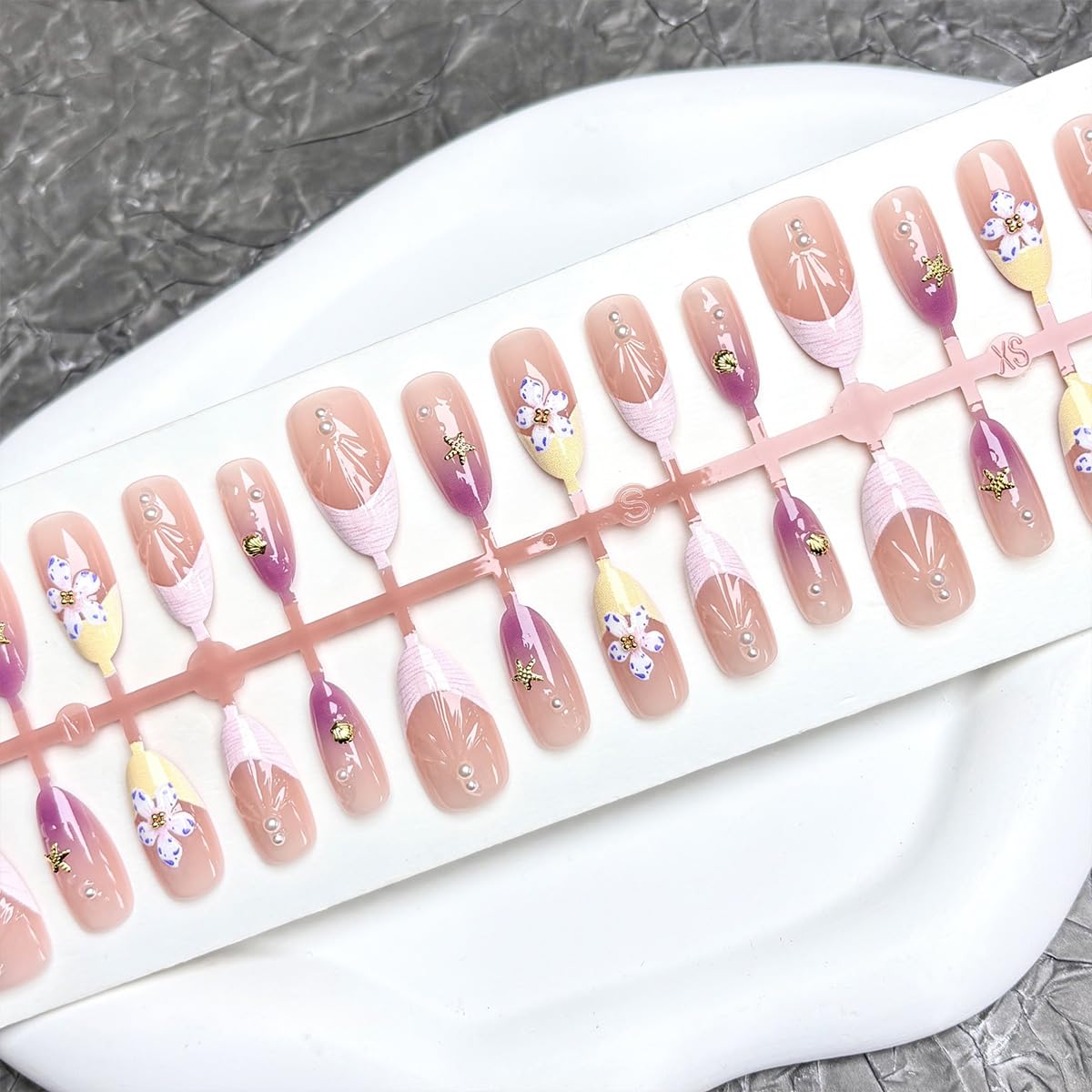 30Pcs Purple Flower Press on Nails Medium Almond French Tip Fake Nails with Gold Shell Starfish Gems Design Summer Stick on Nails Full Cover Artificial Glue on Nails Handmade False Nails for Women DIY