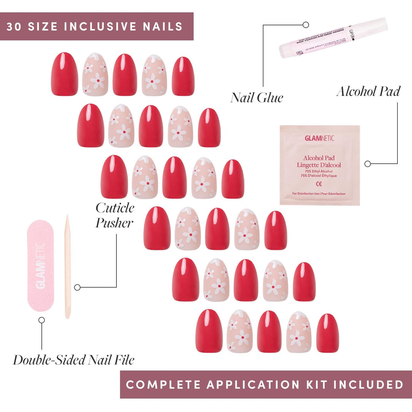 Glamnetic Press-On Nails - Red Blossom | Super Strong Brush On Nail Glue & Nail Adhesive Tabs | Short Oval Fake Nails with Floral Accents | 15 Sizes - 30 Nail Kit with Glue & Nail Tabs