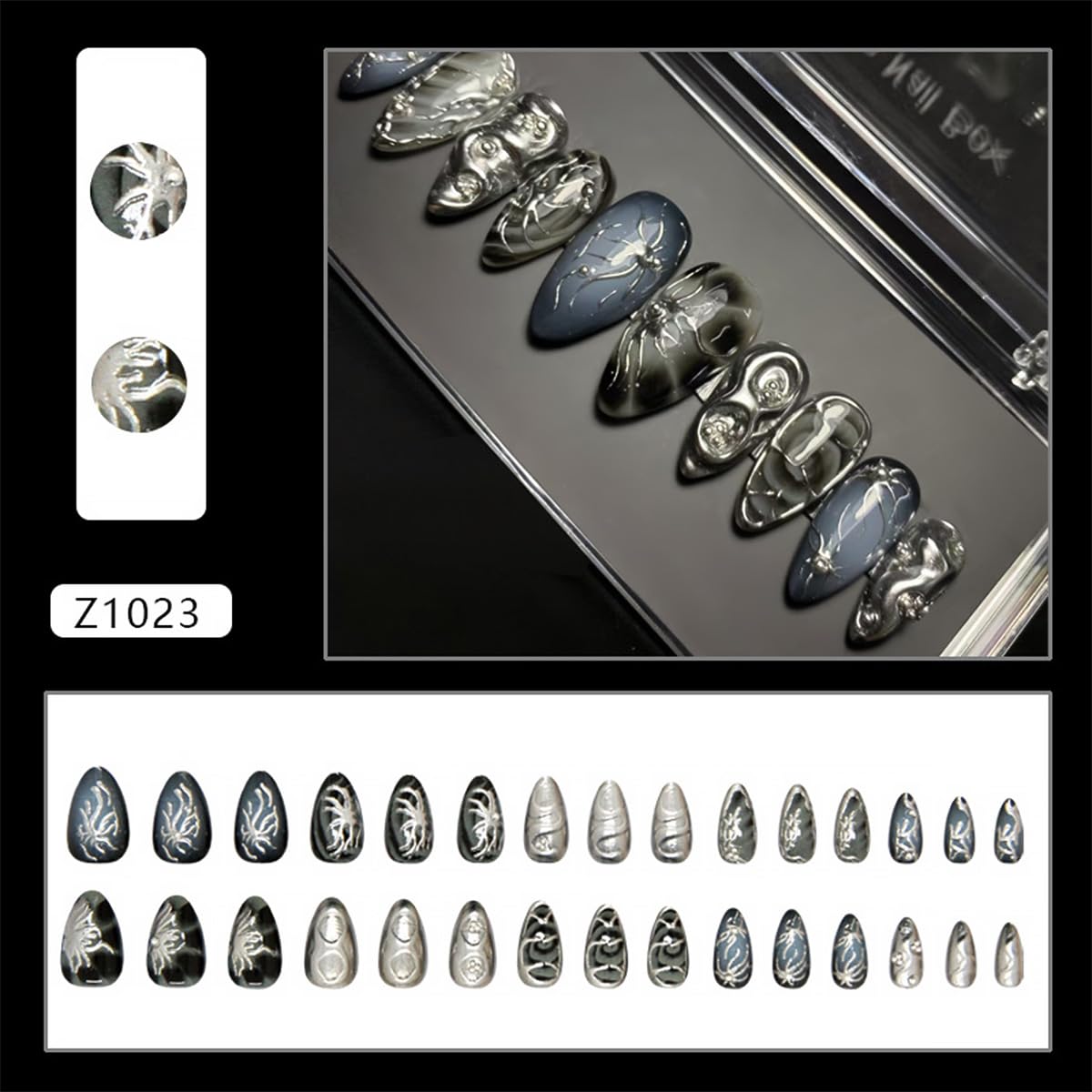 WBRRFJJ 30Pcs Dark Almond Halloween Fake Nails with 3D Y2k Irregular Silver Design Pearl Jewelry Glitter Full Cover Artificial Glue on Nails Gothic Stick on Nails for Women