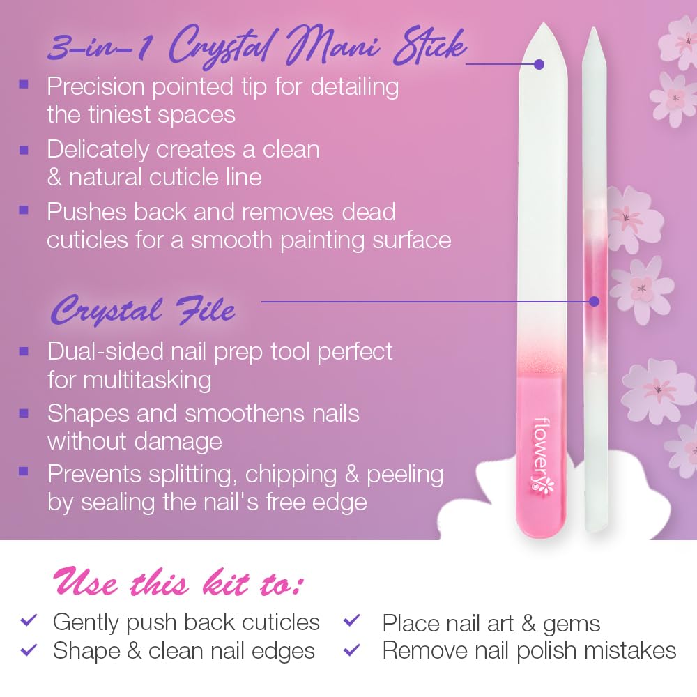 Flowery 's 3-in-1 Crystal Mani Stick and File Kit - Safely Achieve Healthy Nails & Clean Cuticle Lines - Includes Dual-Sided Nail Polish Prep Tool for Gel Nail Polish, Washable & Sterilizable