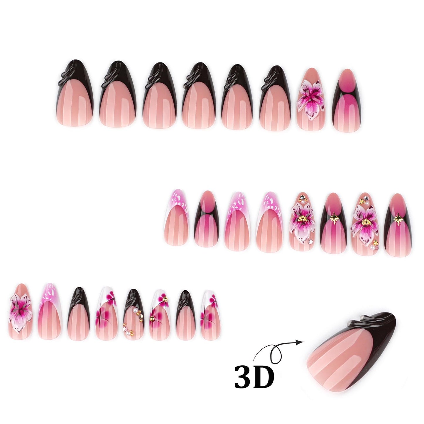 24Pcs French Tip Press on Nails Almond Fake Nails with Floral Gold Bead Pearl Design Handmade Acrylic Nails Press ons Reusable False Nail Spring Summer Flower Stick on Nails for Women Flower Nail Art