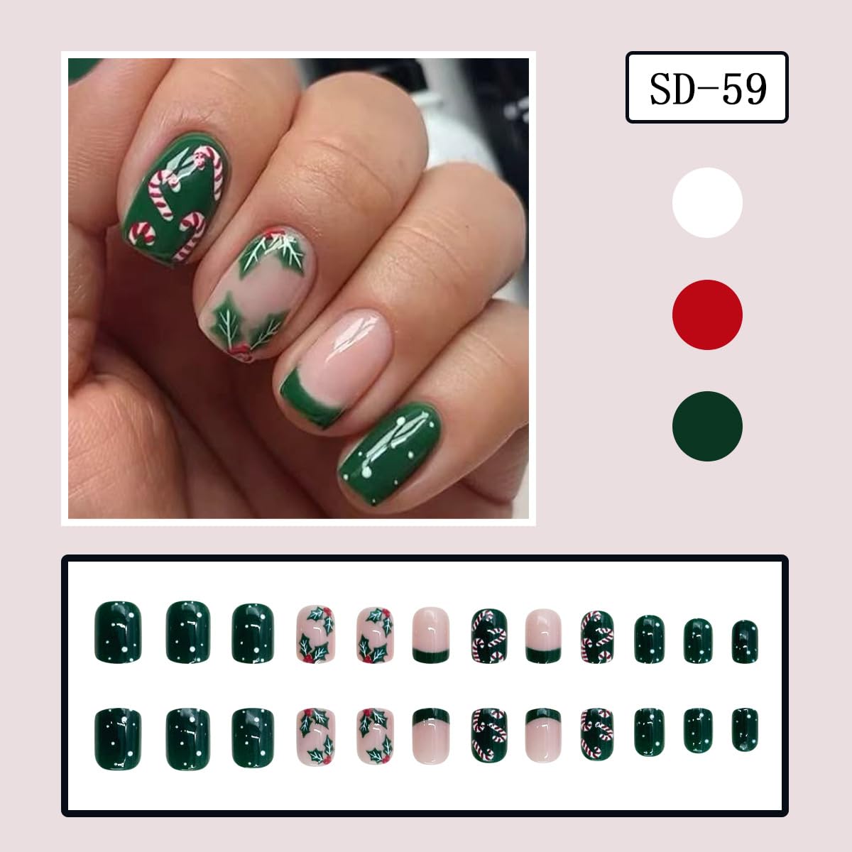 Green French Tip Christmas Press on Nails Holly Short Square Fake Nails with Candy Designs Nude Pink Glossy Acrylic Nails Xmas Full Cover Stick on Nail Winter False Nail for Women 24Pcs