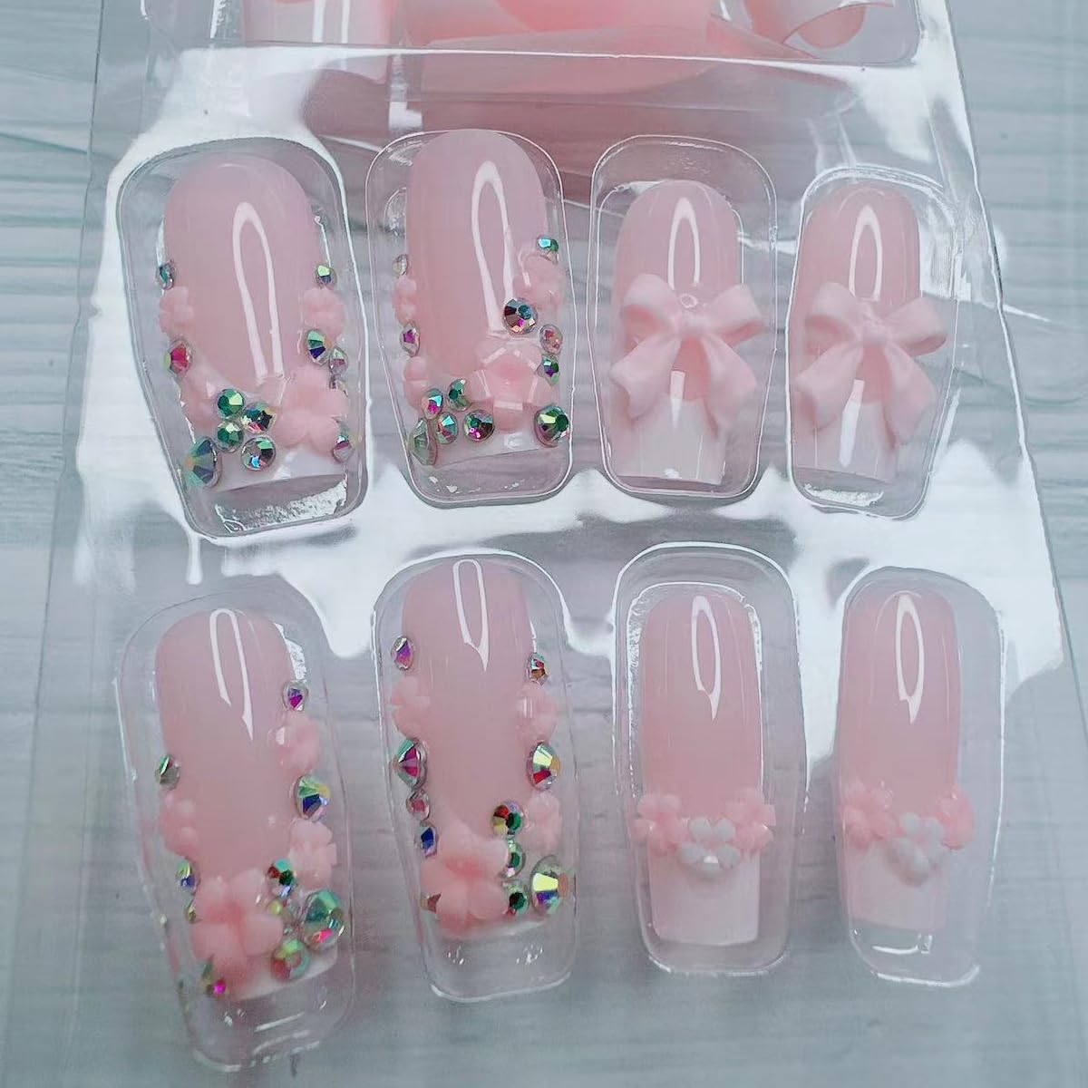 French Tip Press on Nails Medium Length Fake Nails 3D Bow Flower Design Nude Color French Nail Tips Charms Nails Rhinestones Nails for Women Daily Wear Cute False Nails 24Pcs