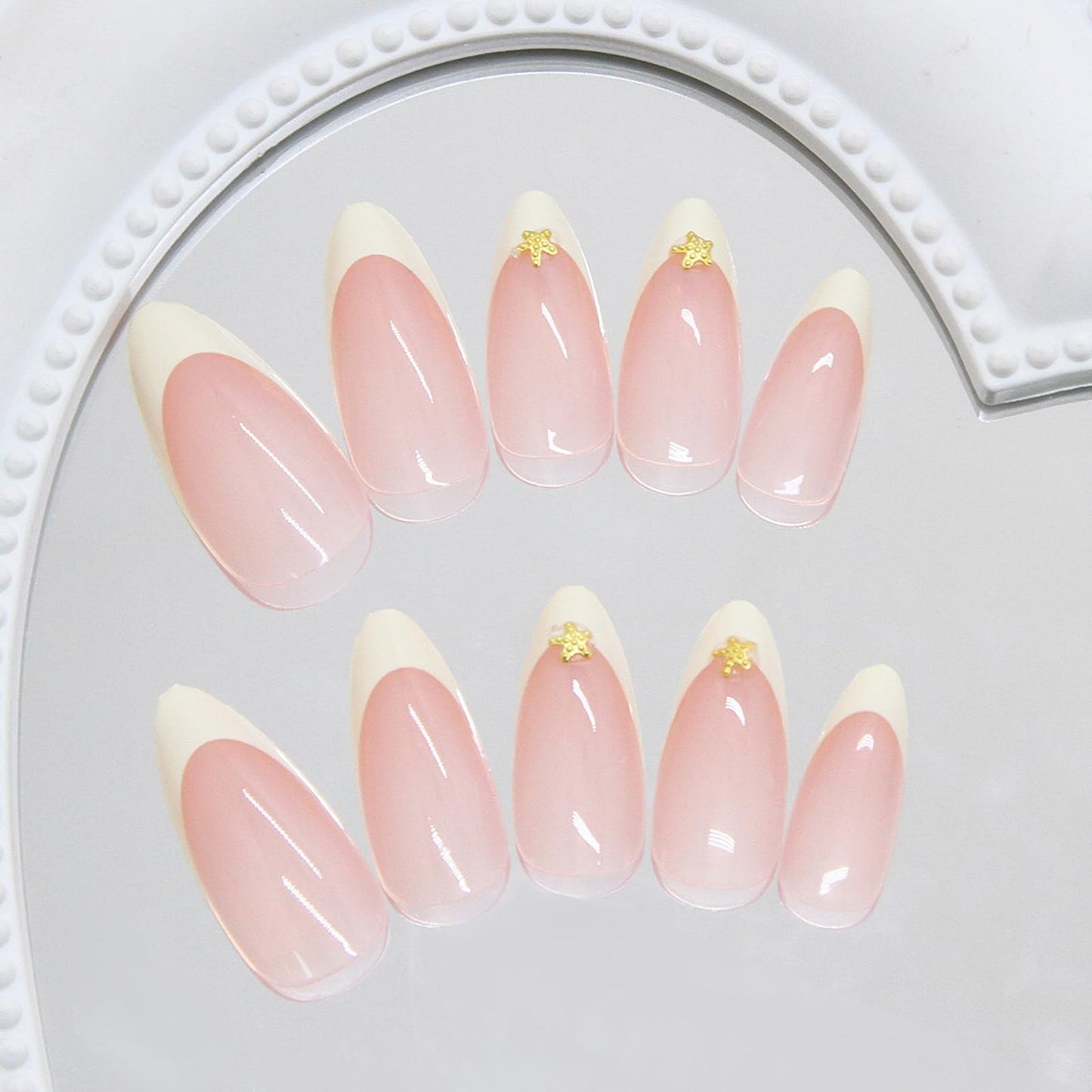 IMSOHOT Press on Nails Long Stiletto Fake Nails with Golden Star Charms Designs Yellow French Tip Glossy Acrylic False Nails Full Cover Gel Almond Nail Supplies