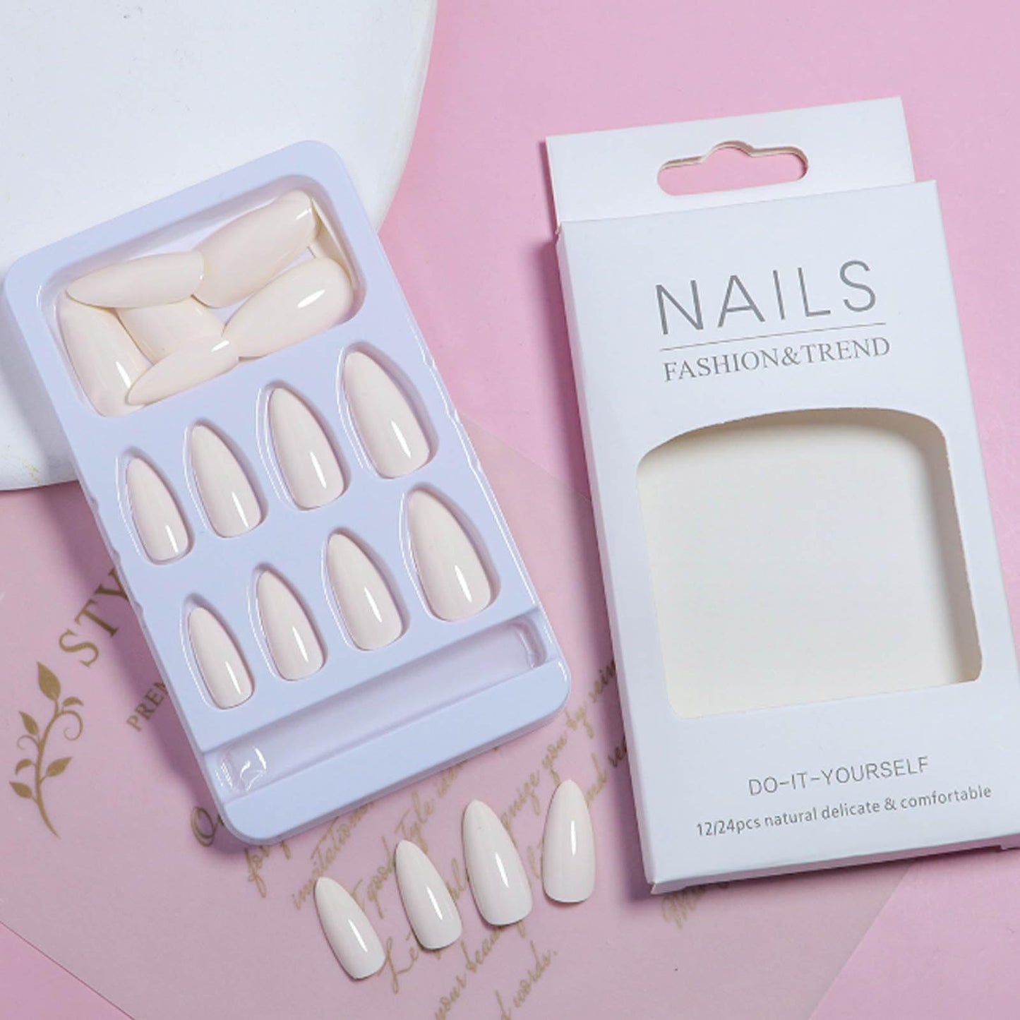 DANMANR Almond Press on French Nails French False Nails Full Cover Acrylic Medium Fake Nails for Women and Girls 24PCS (Color 4)