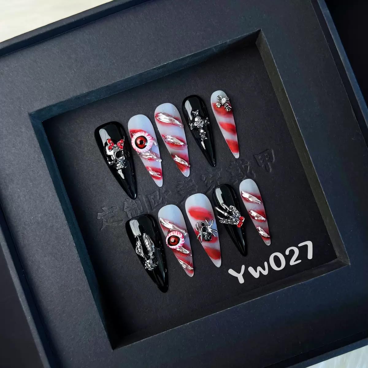 100% 5D Handmade Press on Nails Halloween Nails Balck Long Stiletto Nails Press ons Gothic False Nails with Skeleton Evil Eye Spider Charms Fake Nails for Women Girls Daily Wear DIY Manicure Size L