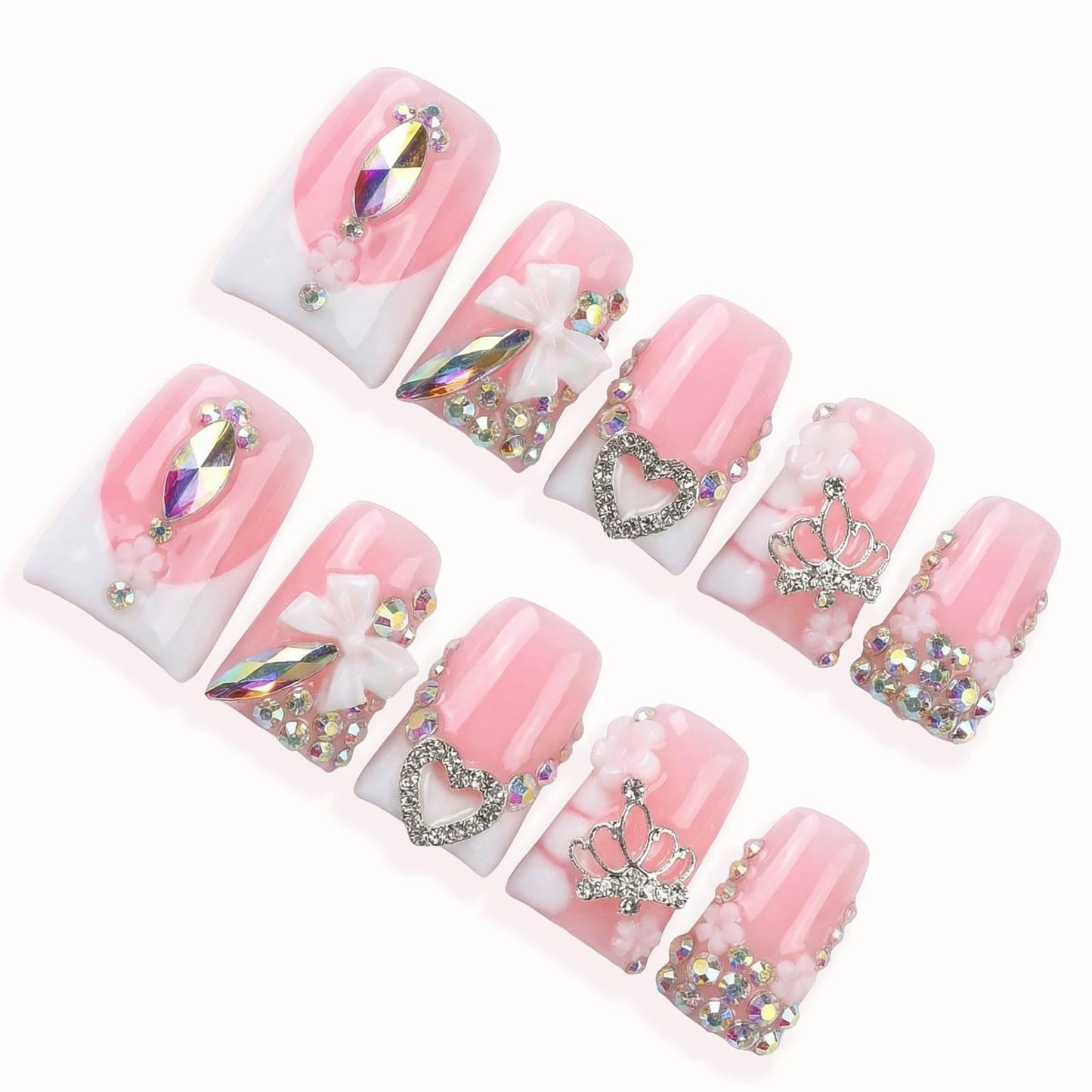 Handmade Acrylic Press on Nails Short Duck Nails Press on Nail Kit,With Rhinestones and Bow Design False Nails | Easy to Apply, Remove & Reusable, Salon - Quality(Size M)