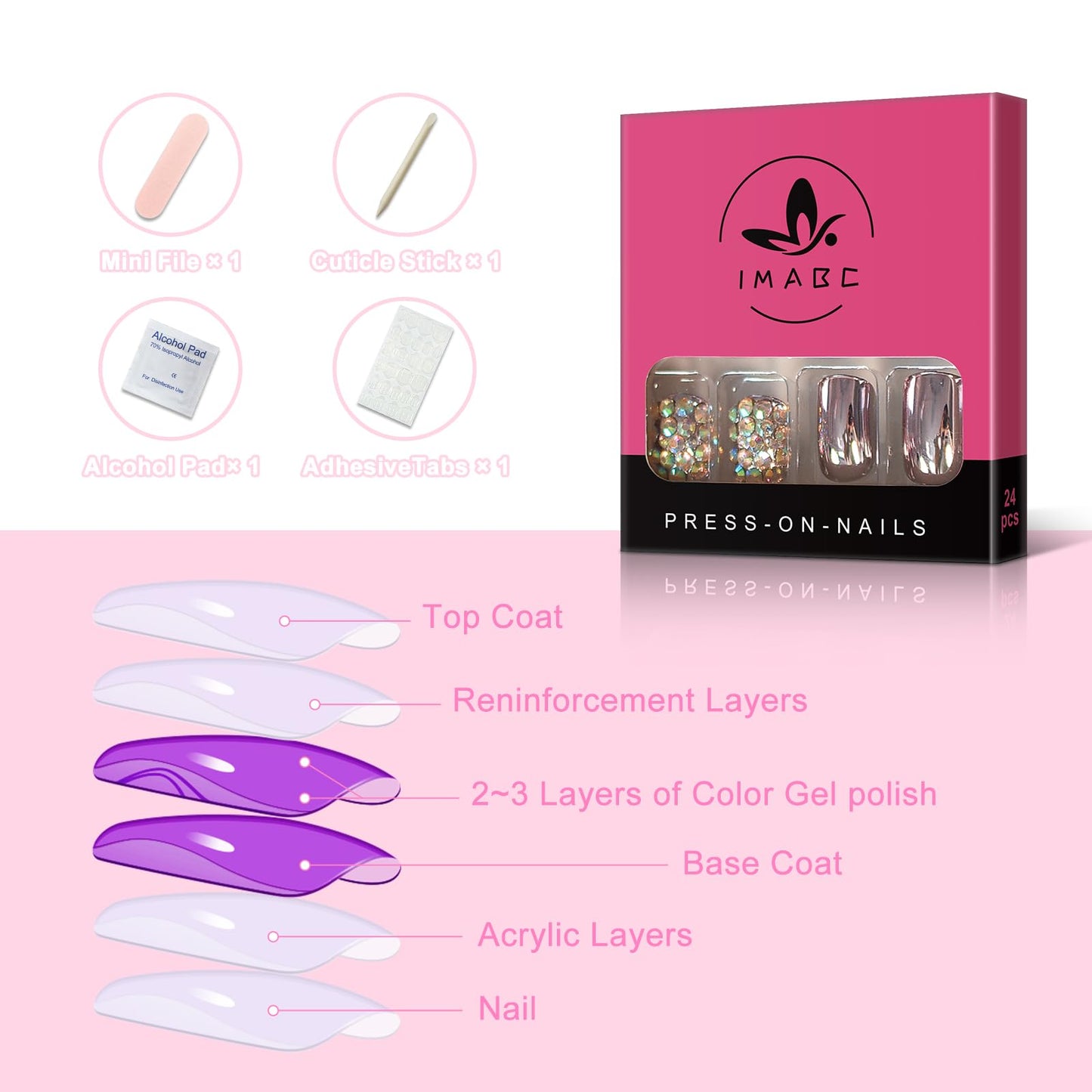 24pcs Metallic Mirror False Fake Nails With Design Short For Office Ladies Student Daily Wear, Full Cover 3D Bling Luxury Artificial Nails Press On Rhinestone Crystal For Wedding Bridal