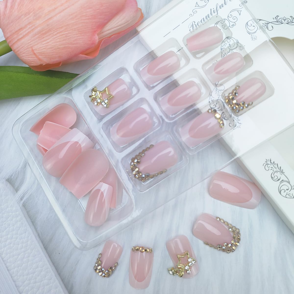 24Pcs White French Tip Press on Nails Short Square Fake Nails 3D Star Charms Design Acrylic False Nails Gold Rhinestones Nail Tips Press ons Full Cover Glossy Nude Pink Glue on Nails for Women Girls